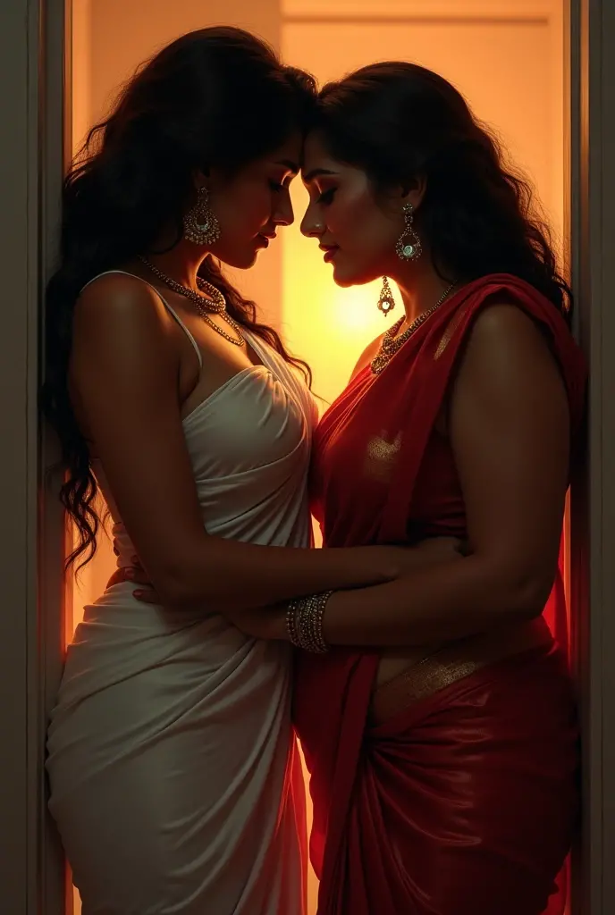 Beautiful and Slim, Sexy Indian woman in black blouse red saree , lifting a large chubby man above her shoulders, man is sitting on woman's shoulders, in a bedroom with high ceiling at night
