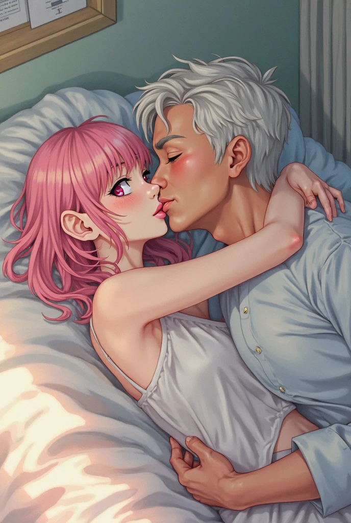create an image of a pink haired girl with blue eyes, hugging her blond boy, kissing a 2 month old boy with tongue,