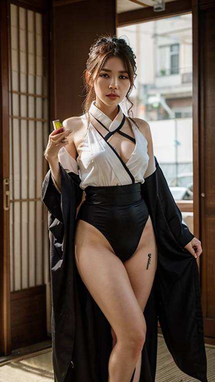 poneyTail A dark-haired Kimono without sleeves and hem beautiful thighs and arms Red Brown