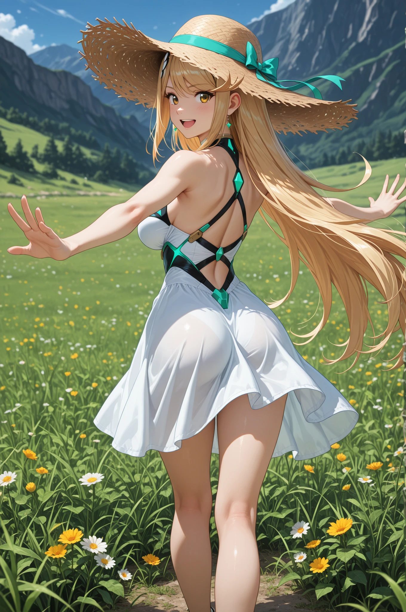 1 girl, (((raised high huge round buttocks))), Wide A sunflower field in full bloom,Back view of a woman in Translucent white thong (underwear),long shot,wide view, commercial photography,award-winning photograph,(photorealistic),unity 8k wallpaper,(ultra detailed:1.3),(light_on_face:1.4),CanonEOS 5D MarkIV DSLR