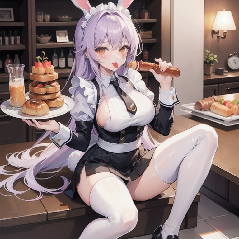 masterpiece, best quality, solo, 1girl, chisato nishikigi, looking at viewer, light smile, closed mouth, blush, embarrassed, medium breasts, playboy bunny, rabbit ears, black pantyhose, red bowtie, wrist cuffs, black leotard, holding tray, cake, cafe, coffee, squatting, spread legs, cafe shop, full body