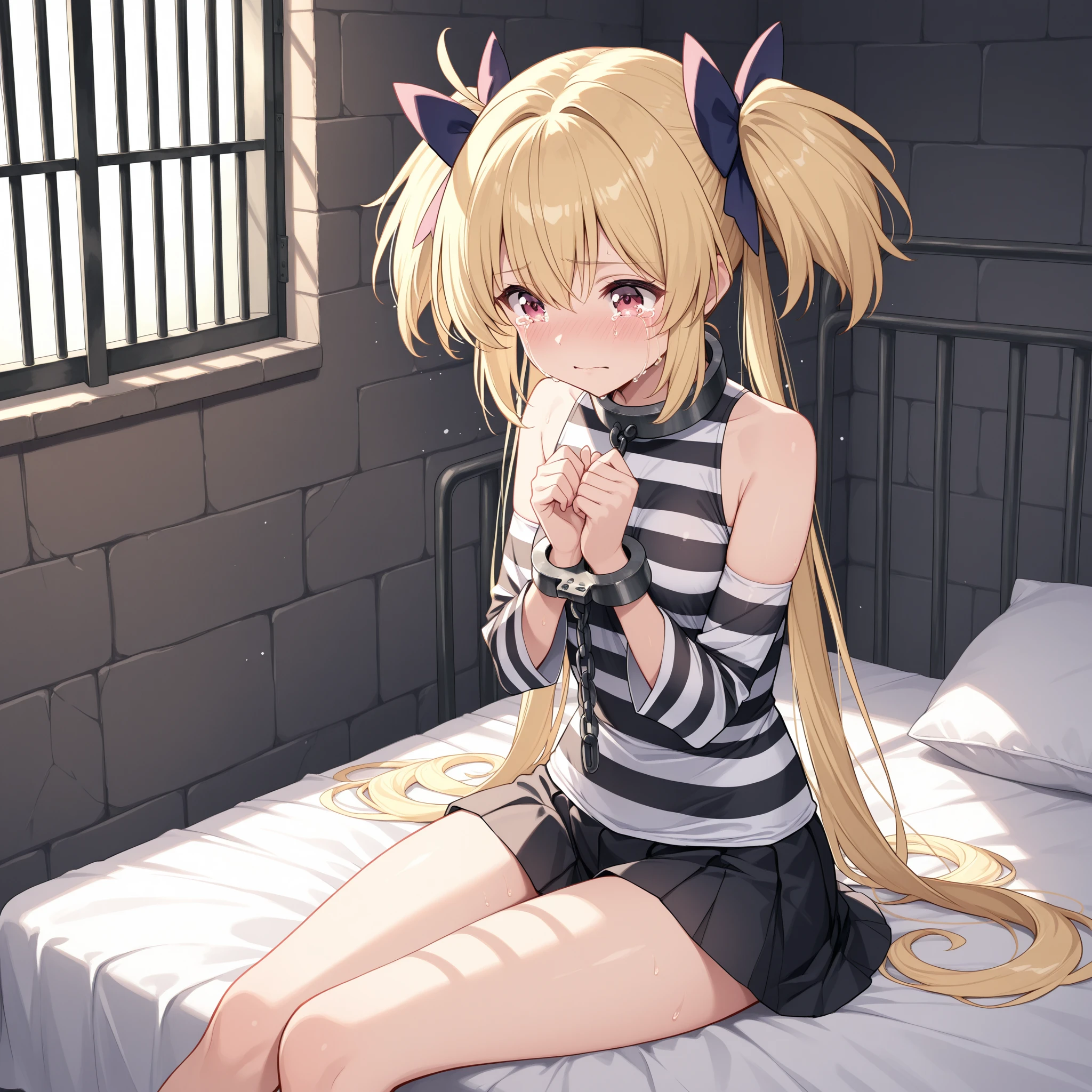 (score_10,score_9_up,score_8_up), very strong contrast, dramatic Lighting,very high detailed,very gorgeous and complicated background,8k,4k,highres,hadrian, side view,cracked wall,1 girl in orange striped pajamas hugging own legs on bed in jail,slender face,barefoot,foot focus,shackles,torn clothes, bruise,blonde,jail window,railing,closed mouth, hair over face,messy bangs, rain,low lighting,storm,expressionless, grey eyes,full-body floral tattoo, very long hair,ankle cuffs,cat ears, hair twirling,
