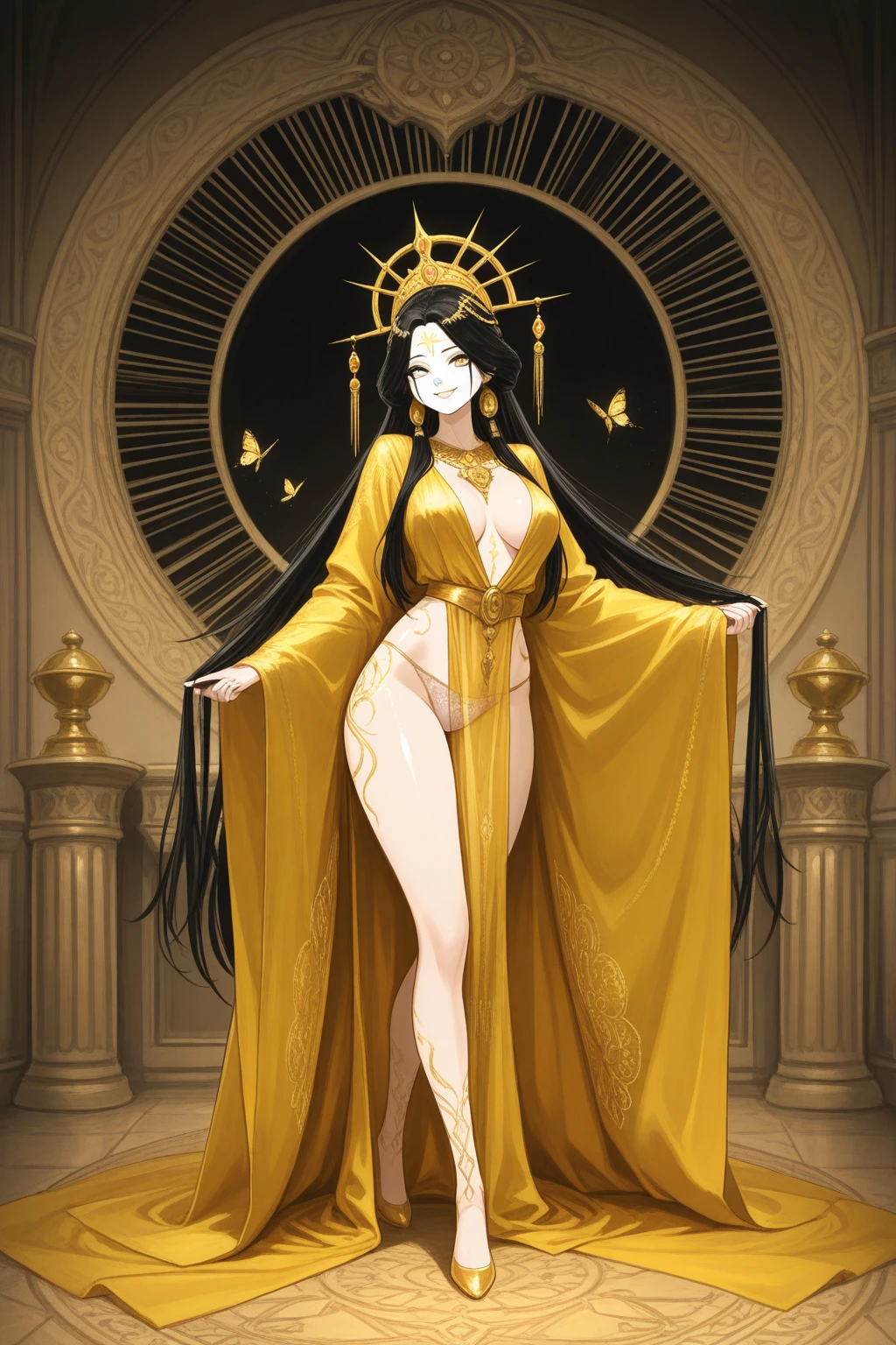 Hourglass figure, hourglass body, highest quality, absurd quality, 8k, perfect body, perfect contrast, beautiful face, yellow eyes, unrevealing skin, 1girl, kneeling, facing viewer, holy maiden, sister, holy girl, praying, from front, sfw, unrevealing clothes, covered skin, black hair, sister, church
