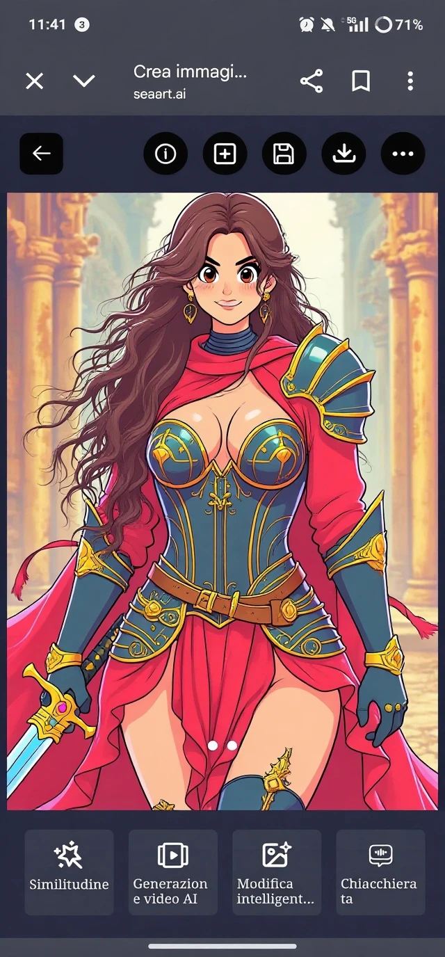 Thin woman, age 25, 4K (High definition), mysterious smile, seducing gaze, eyes browns, wearing tiara and medieval dress (red and white edges) with a boat neckline and long sleeves, choker on the neck, brown belt, Caucasian skin, long curly red hair, standing (upper body), full of curves with freckles across her chest and neck, big natural round breasts. Marvel style high quality, white background.