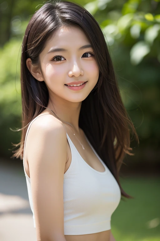 8K Super Resolution、Beauty、One Woman、Dark Brown Hair:1.1、Highly detailed face、Lips detail、important、(Eyes meet)、double eyelid、Princess Eyes、Beautiful Japanese Women、Beautiful Japanese Women、Sensual lips、Bewitching body、20th Generation、(21 years old)、far and near method、 Realistic Japanese women、Wearing a super-realistic detailed stylish tank top and mini skirt、Hair blowing in the wind、I can see your chest、Crisp images、The delicate sparkle of the eyes、Ultra-realistic detailed park with river、リアルで詳細なBeautiful breasts、color々Hair style、Smiling with a nice smile、Beautiful breasts、Bust size 82ｃｍ、