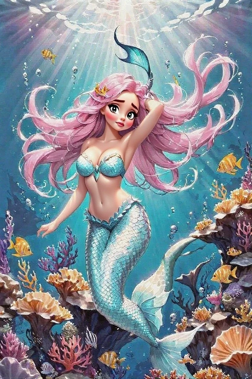 8K,Mermaid swimming in the beautiful sea,Super beautiful(like the real thing),pink gradient scales,Super realistic,blue eyes,brown long hair,Silver tiara,The Little Mermaid,masterpiece,Photorealistic RAW photos of the highest quality。Backlight, cinematic lighting, film grain, to be born, 50mm lens, Nikon D850,realistic skin,fantasy art,character art,ultra high resolution,muscular,The lower body is a fish,Dive into the sea,beautiful coral reef,smile,wave hands,