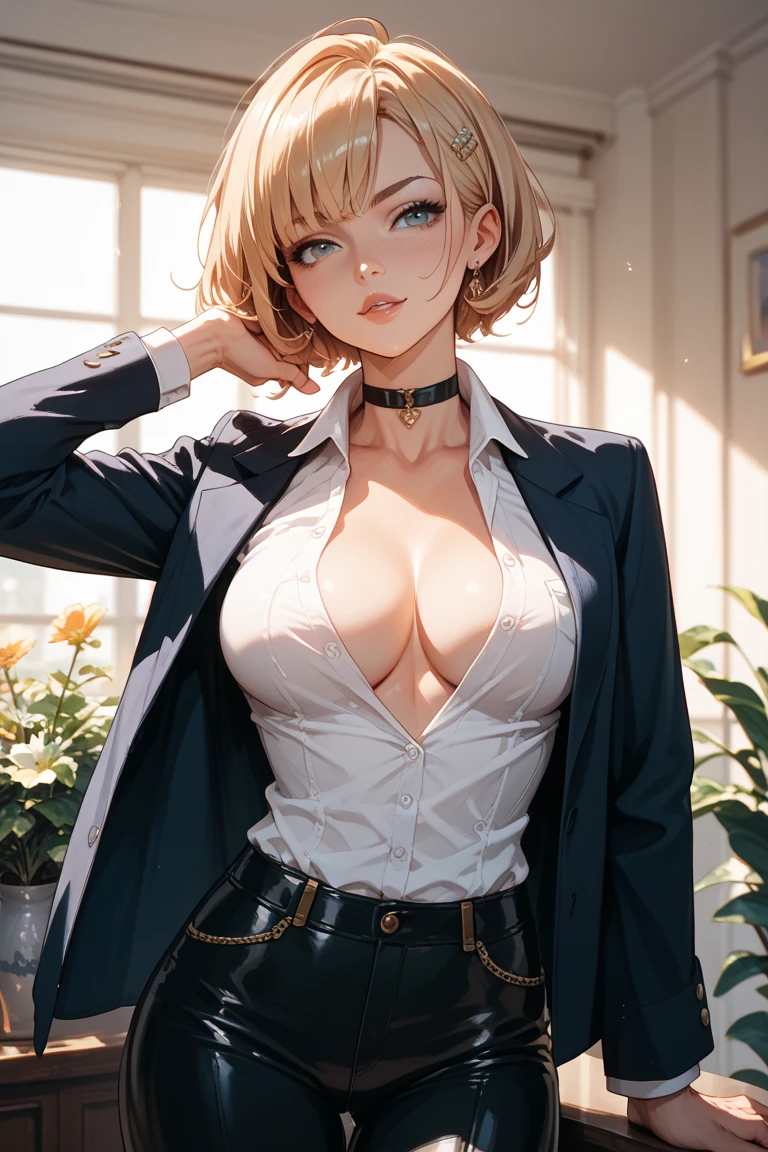  High resolution, (masterpiece:1.4), super detailed, masterpiece:1.2,Super high quality 1.2,european girl,alone,25 years old,beautiful face,complicated eye explanation,Very slender body,Big breasts,blonde,hair above one eye,(medium side cut, blonde hair,),sharp focus,business suit,The background is pure white