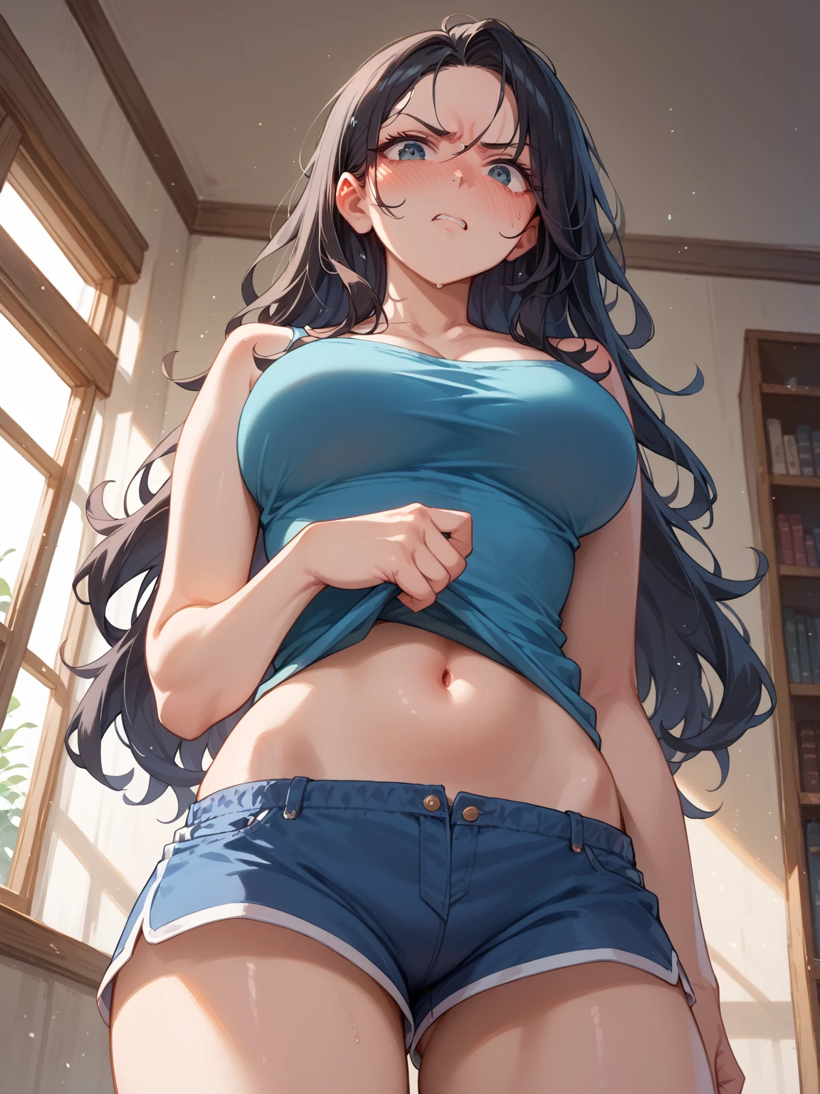 ((Masterpiece)), perfect anatomy, perfect shading, field of depth, (best quality), extremely delicate and beautiful, perfect lighting, detailed face, ultra cute face, cute, (cowboy shot 1.2), looking at viewer, full body, (((1girl))), (((solo))), cheerleader

 long hair, fluffy hair, black hair, brown eyes, glasses, ((blush))), (cheerleader uniform), (blue and white tank top 1.2), (short section red skirt 1.2), thigh highs, chocker, extremely tight clothes, small breasts, cleavage, perky breasts, wide hips, (thick thighs),

 School gym, intricate background, detailed background, sweaty, out of breath, arms behind back