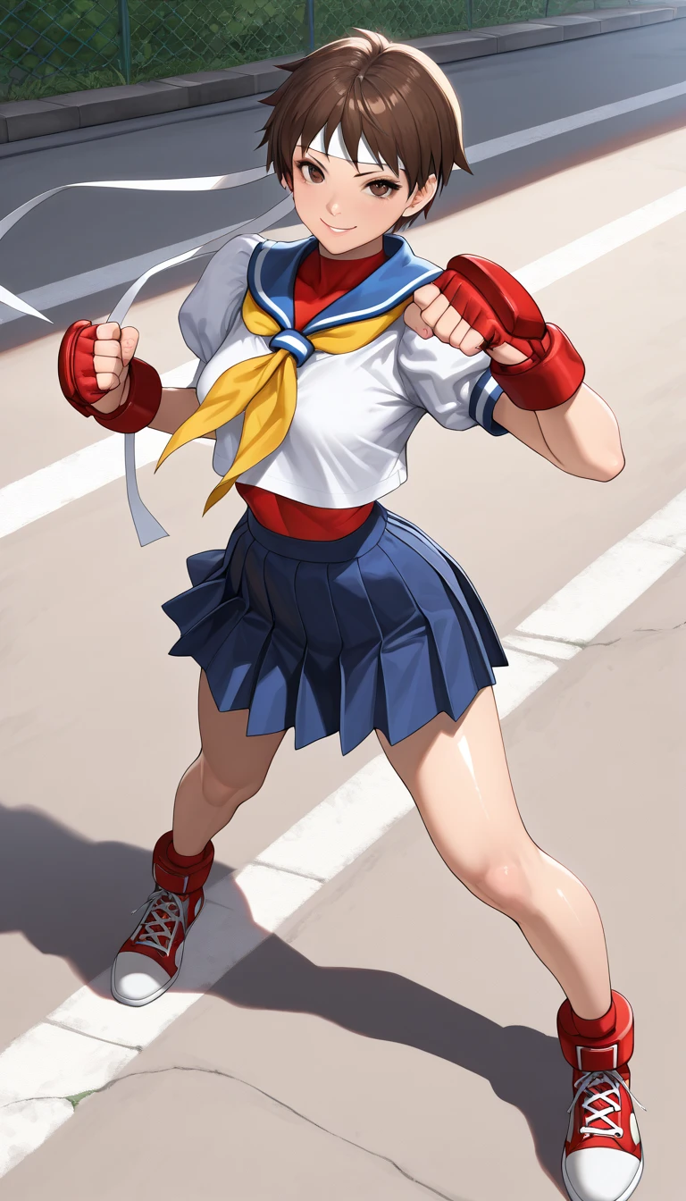 masterpiece, Highest quality,  High resolution,  1girl, solo, Sakura MS,  kasugano sakura, milf, shiny, oily skin, Brown eyes, Brown Hair, short hair, bangs, Ahoge, head band, , Puffy sleeves, Crop top, neckerchief, midriff, ((blue mini skirt)), ultra short skirt, Fingerless gloves, Thighs Thighs Thighs, (thick thighs, voluptuous thighs, ample thighs), White socks, Red footwear, Very detailed, More detailed,Proper body balance,Ultra-high quality output images,High resolution,Intricate details,Very delicate and beautiful hair, simple background, smile, discovery stance, bare legs, full body, (from side:0.7),