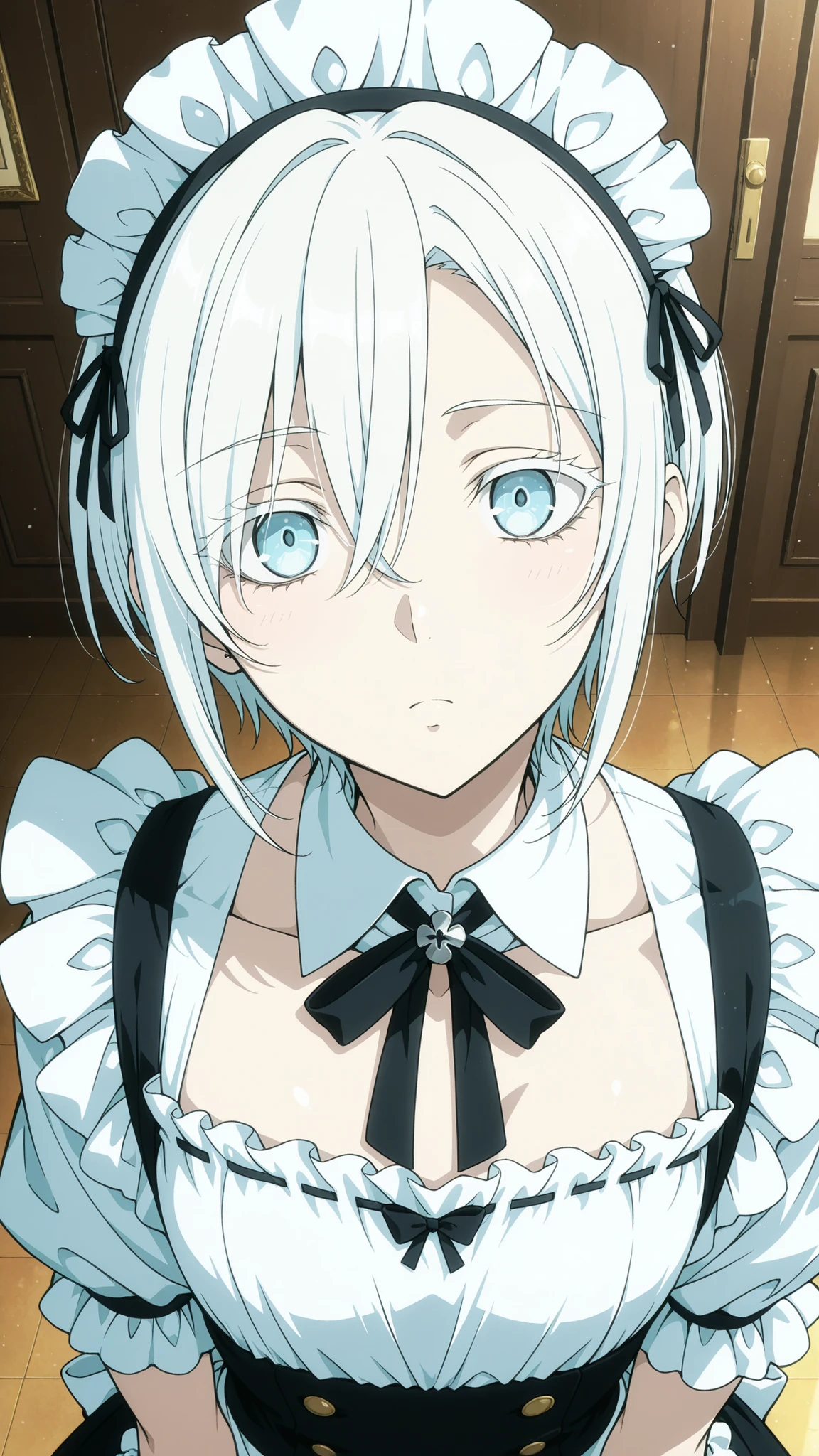 maid  giri , 
High quality ,  best quality , masterpiece,  High Resolution , anatomically correct,anime Coloring, Screencap
1girl,solo, tall woman, Cool woman,, androgynous,
White hair,short hair,, ,light blue eyes, ,  , flat chest
maid costume,white shirt
looking at viewer , close-up,from above,upper body
, mansion、indoor
,, Gangsta style