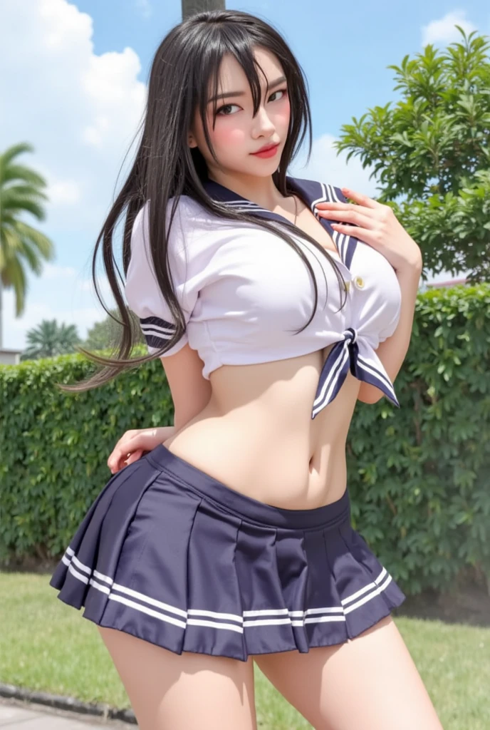 (best quality, 8k, 32K, table top, nffsw:1.2), (original photo), (realistic), (realistic:1.2), (high resolution), giant file size, very detailed, very beautiful face & eye, 1 girl, (~to, 14 years old:1.2), junior, round small face, thin waist,  giant, slender proportions, (Japanese sailor suit, sailor fuku, angel, Japanese school sailor uniform, darkblue pleated skirt:1.27), (밑to서부터, white thong, groin:1.24、the wind turns the skirt、Panties and butt exposed), Rooftops of the City of Dawn,