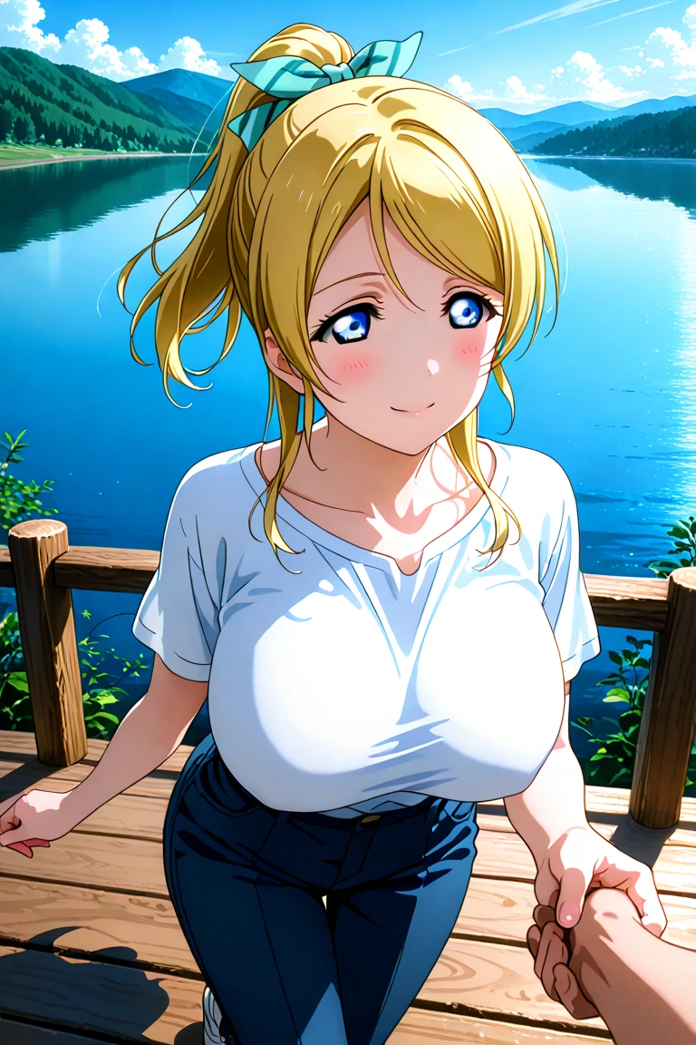 masterpiece, ((white tank top)), wet clothes, wet skin, rainny days, at the river, ((cleavage)) (best quality), (solo), 1girl, blonde hair, thick, (short skirt), blue eyes, sexy woman, hair ornament, vibrant colors , natural lighting, RTX, (huge tits), (detailed face:1.2), (perfect eyes:1.1) ,(photorealistic:1.1), 8k uhd, looking a viewer, emotionless, (upper body), standing pose,