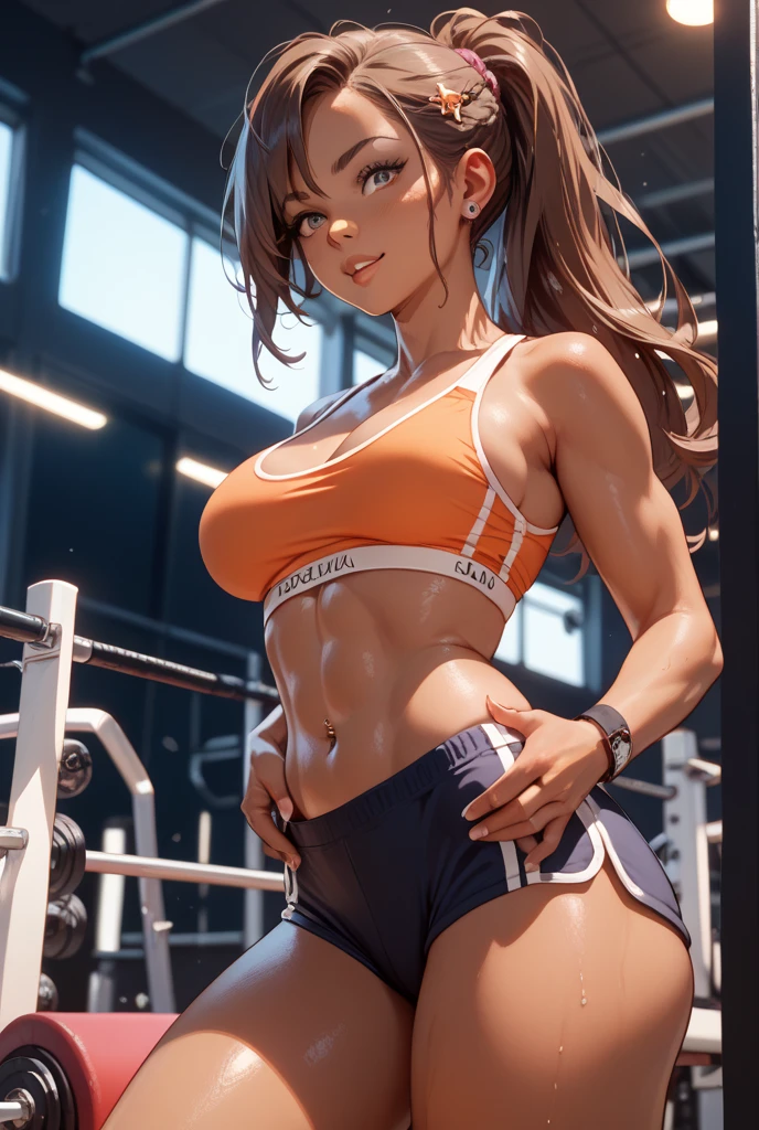 24-year-old Caucasian female fitness instructor; tomboy; athletic build; defined muscles; short dark brown hair tied in a small bun; hazel eyes; subtle cybernetic enhancements; fair skin; wears high-tech workout attire including sports bras, compression shorts, and tank tops; in a futuristic gym setting with high-tech equipment; poses confidently, exuding a rebellious and tomboyish attitude; background includes vibrant neon lights and a gritty urban atmosphere; large breasts; Disney-style, CGI; best quality; high definition; trending on artstation; complex volumetric lighting; shadows;