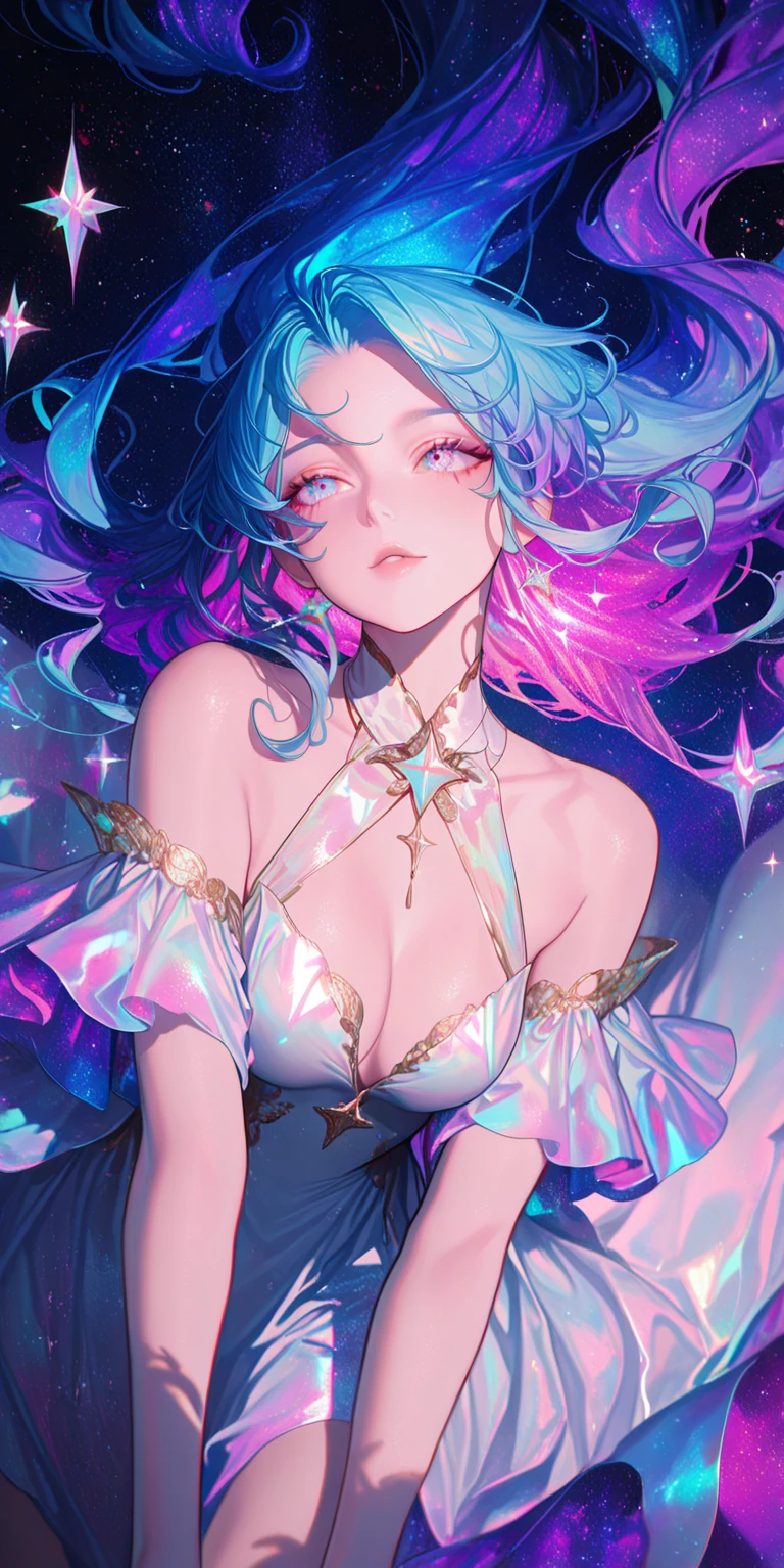 ((masterpiece)), (((best quality))), ((ultra-detailed)), ((illustration)),[realism light effect],shadow,(Fantasy style),(white background:1.6), simple background, (earth theme),(a cloak)[(hair focus,((1girl)),[(big slime hair): (cloud hair):0.3], (hair on background),(high saturation),(hair surrounded by galaxy splashes),)):((her hair is becoming galaxy clouds,:1.27628), (hair and clothes is galaxy clouds and cluster of stars:1.1025),(a cloak is becoming galaxy clouds)(colorful_galaxy_print_clusters_of_stars_print:1.35),((detailed starry sky with colorful galaxy and galaxy clouds):1.2)):0.35], (((masterpiece))),(((best quality))),((ultra-detailed)),(illustration),(dynamic angle),((floating)),(paint),((disheveled hair)),((beautiful detailed face)),collar,bare shoulders, ((colorful hair)),((streaked hair)),beautiful detailed eyes,(Gradient color eyes),(((colorful eyes))),(((colorful background))),(((high saturation))),(((surrounded by colorful splashes))),(((surrounded by colorful dot))),colorful bubble,((shining)),nsfw, big breasts, perky breasts, hard nipples, erect nipples, nipslip, visible areolas, visible nipples,
