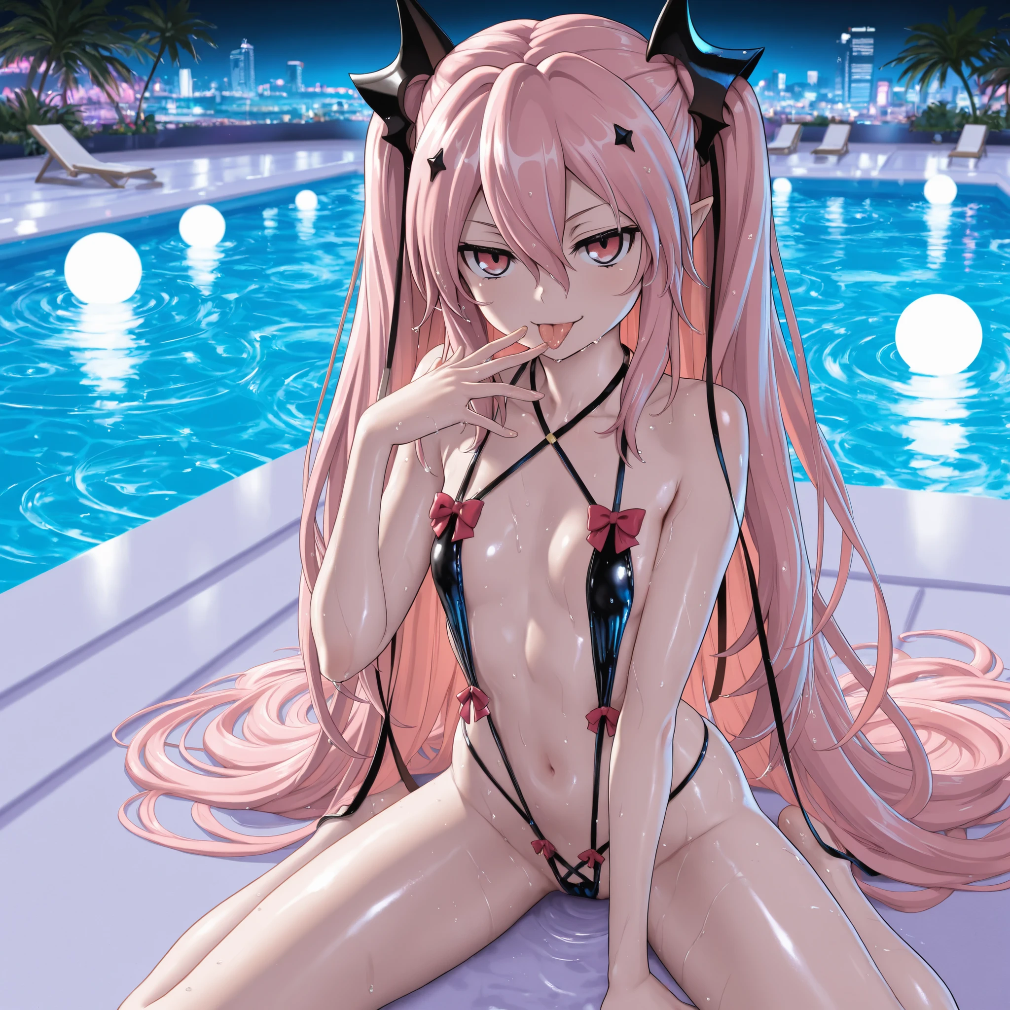 Cat girl, pink hair, smiling, perfect body, big breasts, medium thighs, very thin pink swimsuit, ((legs spread)), ((sitting)), wet, pool, high resolution, ultra hd, 8k resolution