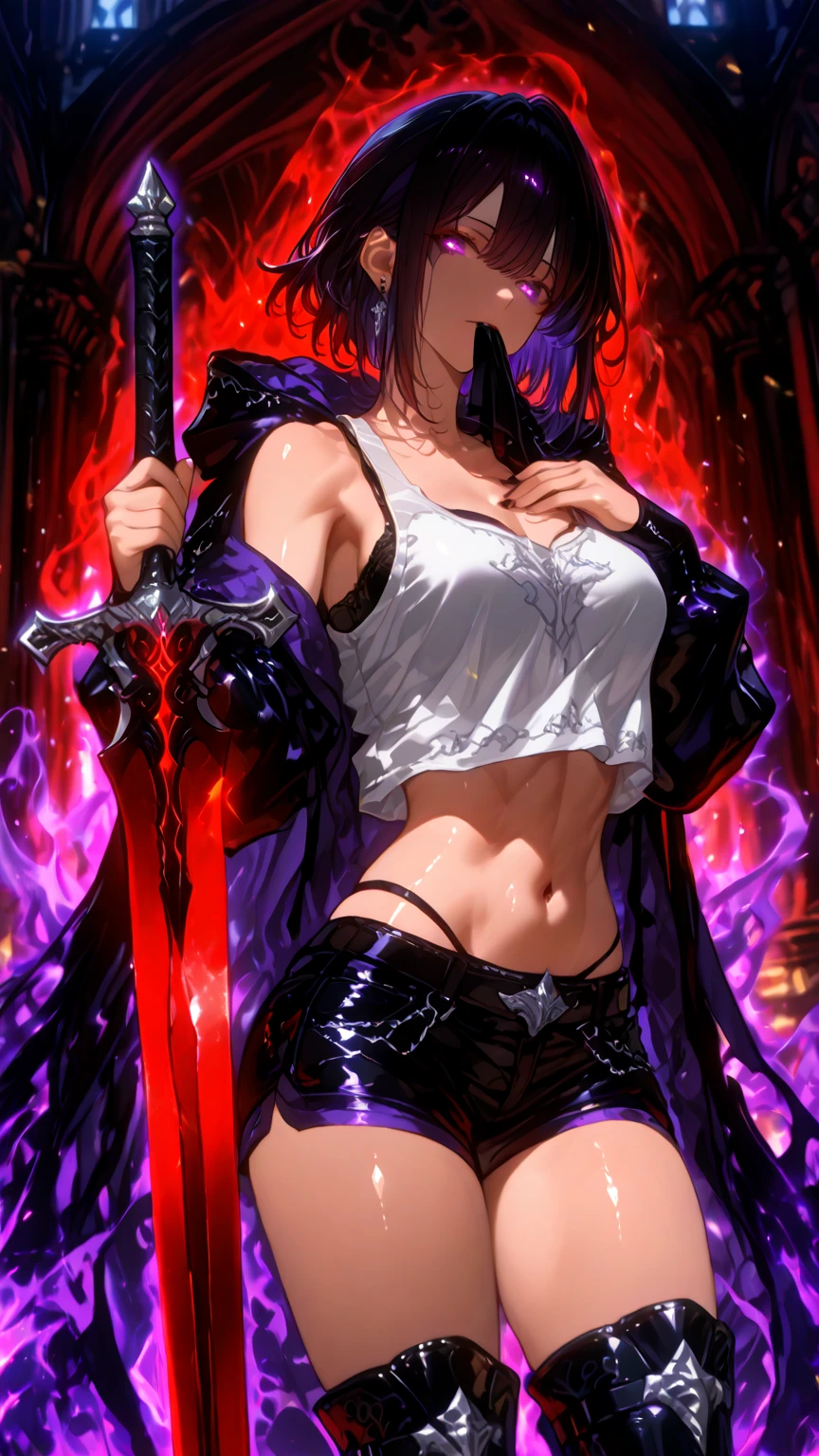 1girl,a beautiful fashion model ,(masterpiece, official art, best quality) (perfect eyes) , short and shiny dark blue hair, black streaks in hair, full lips, cute nose, medium , , elegant makeup, exhibitionism, naked in public, , slim thighs, toned body, shiny skin, sexy pose,,(( (slender, skinny, slim))), gold hoop earrings, eyeshadow, cute face, ((( living clothes, torn clothes, tattoos))) embarrassed, coy, surprised, blush, glittery skin, girl dancing on stage, skinny thighs, narrow hips, skirt lift, red and silver OUTFIT, slutty top, abs, toned stomach, chloeprice, tentacles