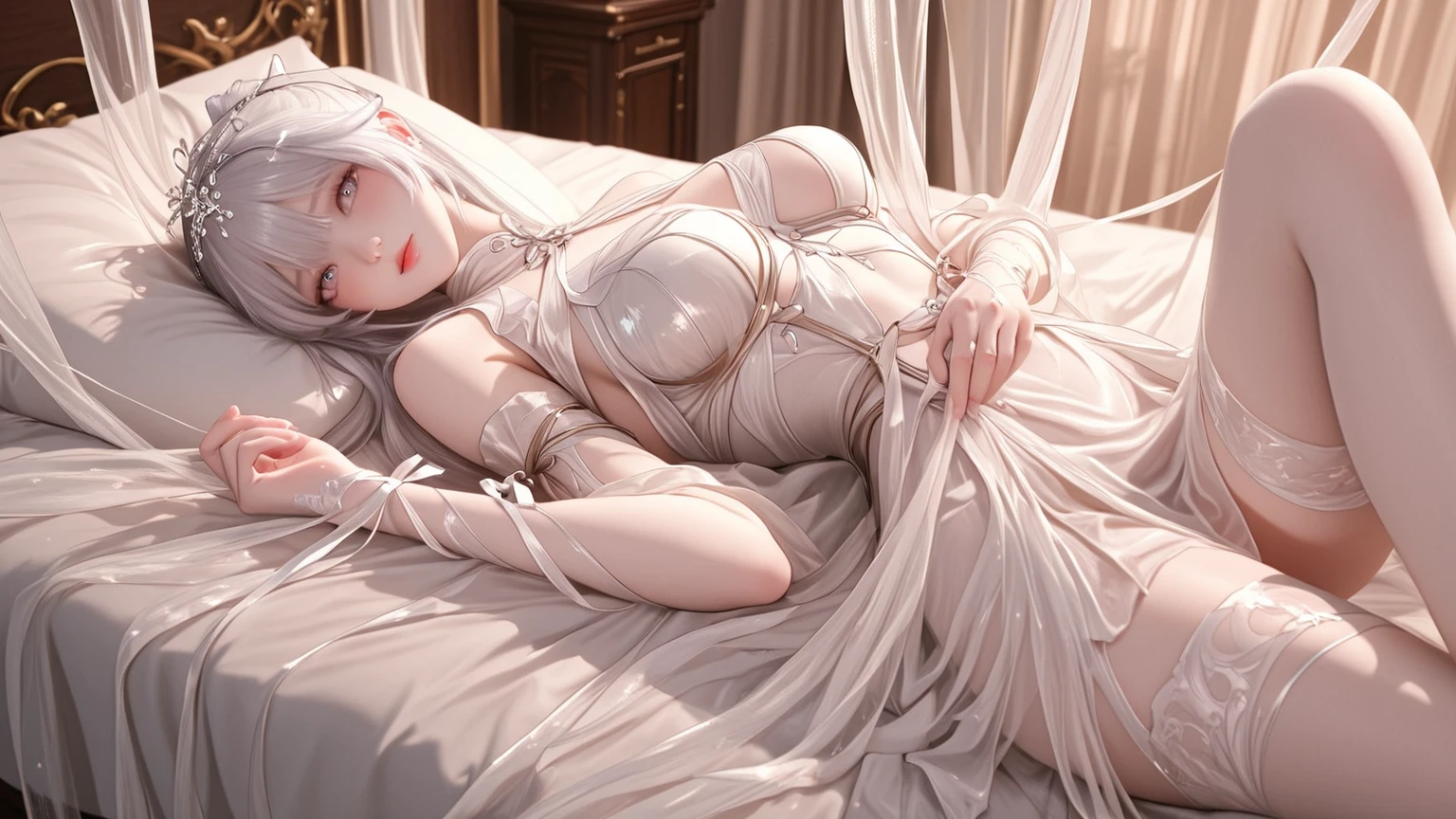 Arakfi woman in white dress lying on bed, Japanese goddess, gorgeous Chinese model, beautiful fantasy queen, sexy dress, smooth translucent white skin, smooth white tights suit, sexy dress, beautiful goddess, charming and seductive, white hanfu, faint milky porcelain skin, open dress, full body fairy, elegant and seductive posture, closed eyes, death, corpse, cold, no blood, painful, hideous, suffocating