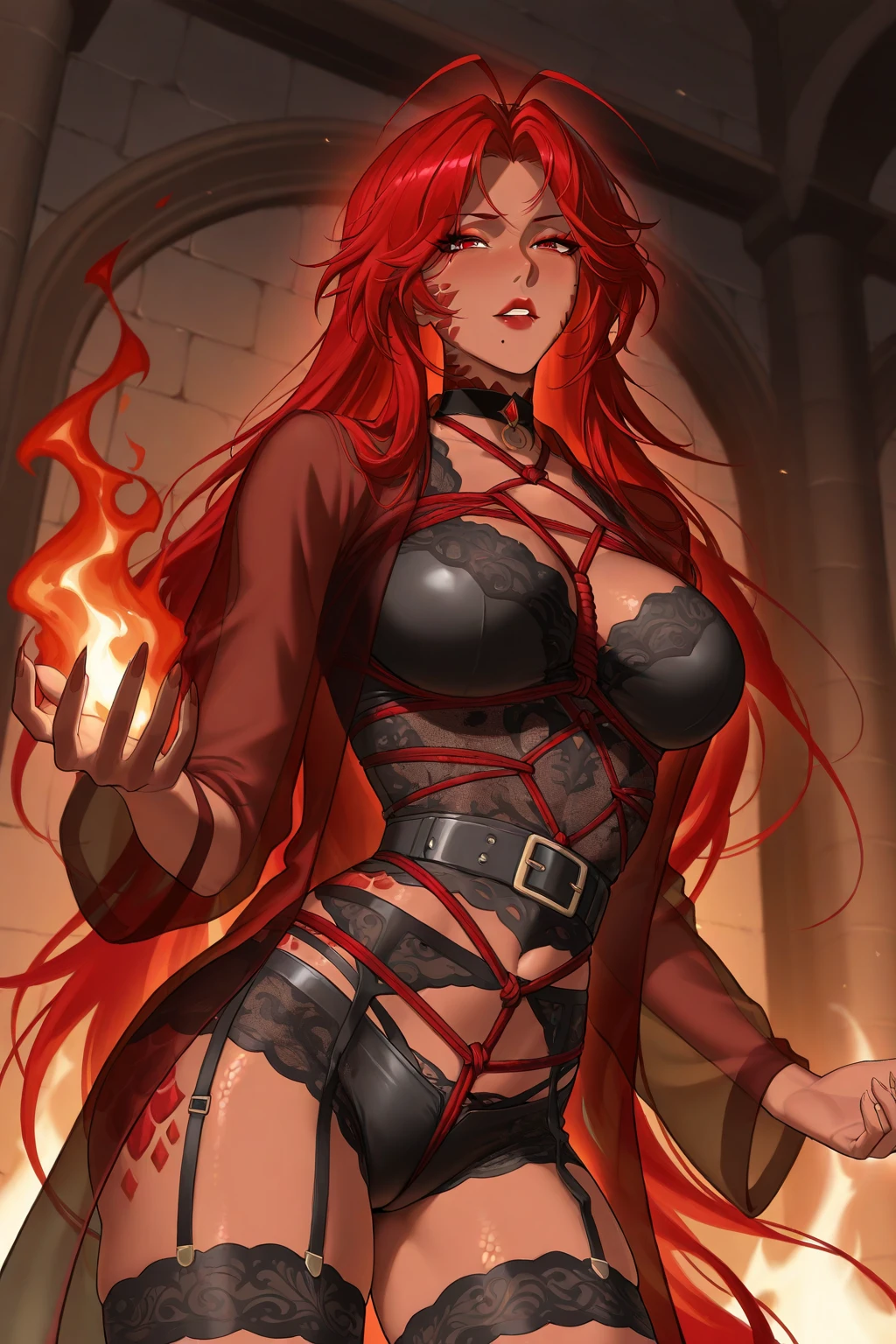 masterpiece, best quality, female, fortune, face portrait,ranni,red hair,long hair, beautiful, pale skin,perfect anatomy,huge breasts,topless,Mercenary pants,hip vent,revealing hip,cleavage to navel,wet,oiled skin