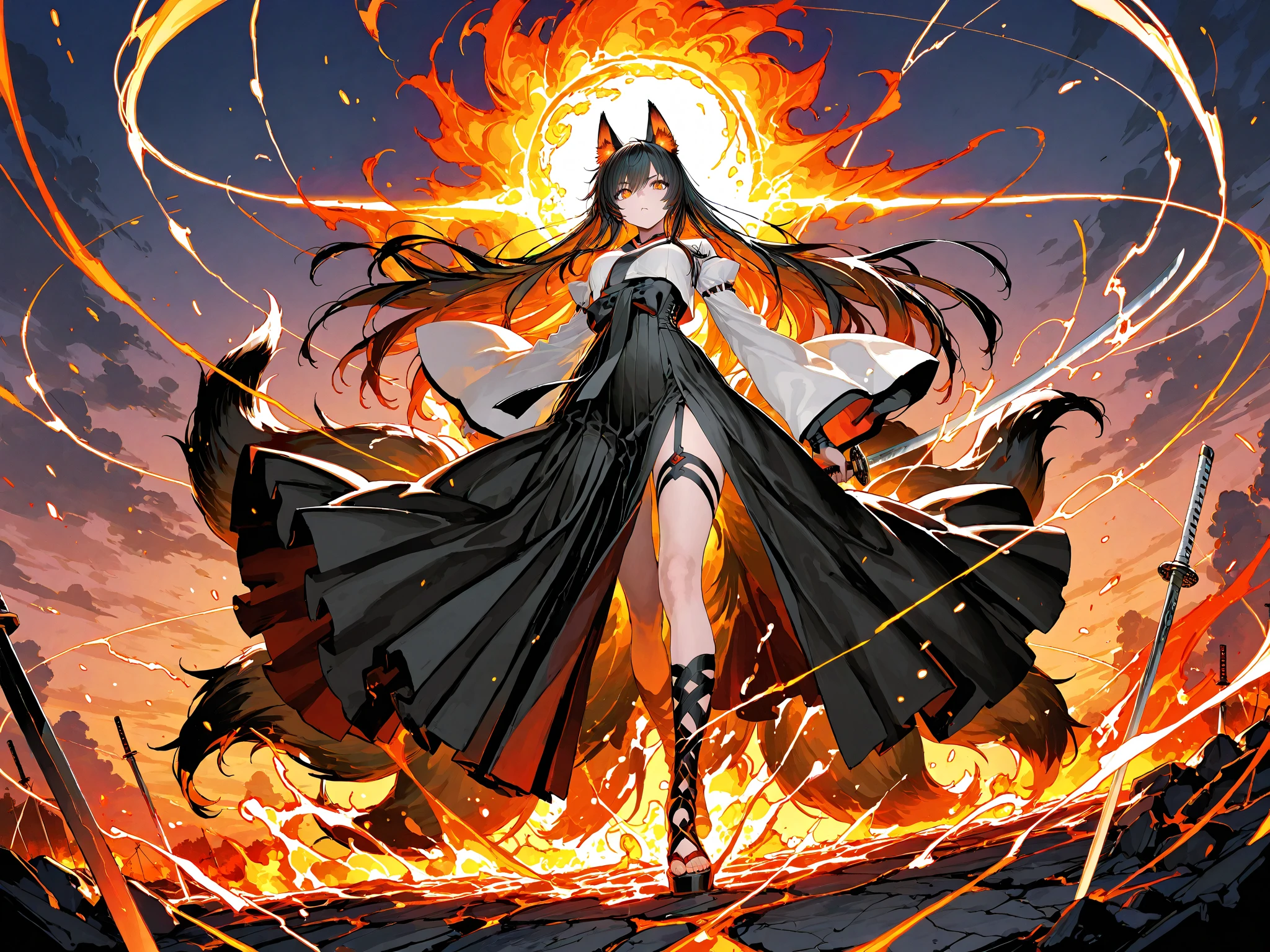 masterpiece, best quality, absurdres, <lora:gullveig-fe-richy-v1-000012:1>, gullveig, 1girl, solo, glowing eyes, from side, electricity, smoke, ashes, burnt, embers, full body, torn clothes, detached sleeves, standing, close-up, dress, long hair