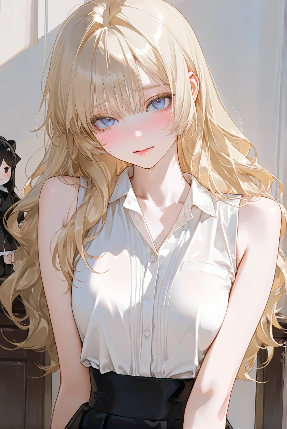 woman, long blonde hair, twintails, transparent white button-down shirt, blushing