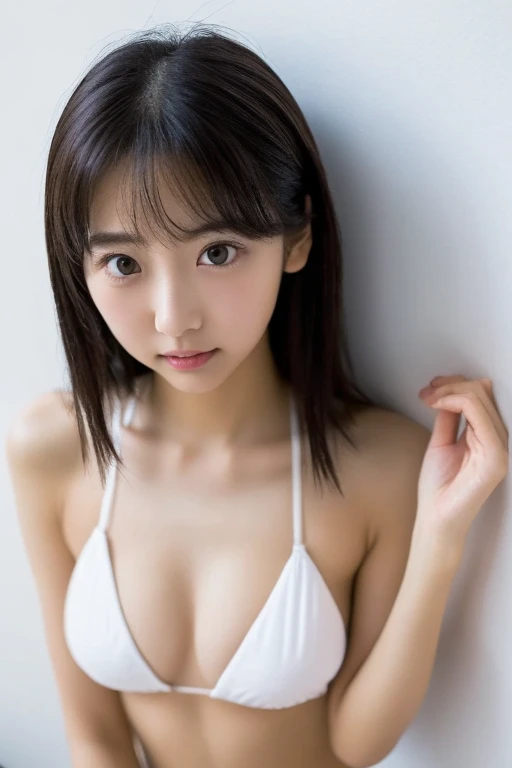 (8k resolution, RAW photo format, high-quality, masterpiece:1.2), extreme close-up macro shot focusing solely on the upper chest area, filling the entire frame. The lighting is meticulously crafted to enhance fine details, textures, and patterns of the clothing or skin. One Japanese thin woman 20 years old very flat chest is wearing tight-fitting thin micro-bikini, stand straight and the camera view from her head, The skin is soaking wet by hard rain, hard nipples are see through the bikini,  The shot captures intricate elements such as fabric weave, skin texture, and any embellishments in sharp, vivid detail. The background is completely blurred or neutral to ensure that the emphasis remains entirely on the chest area, with high precision and clarity akin to macro photography. nsfw,

