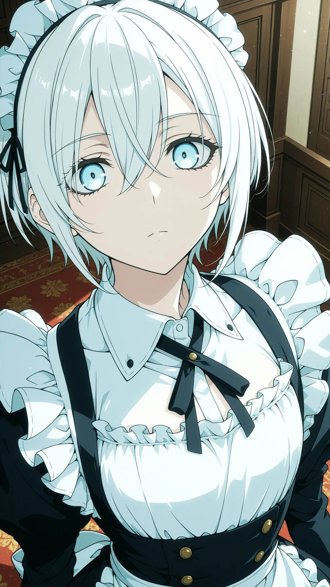 maid giri ,
High quality , best quality , masterpiece, High Resolution , anatomically correct,anime Coloring, Screencap
1girl,solo, tall woman, Cool woman,, androgynous,
White hair,short hair,, ,light blue eyes, , , flat chest
maid costume,white shirt
looking at viewer , close-up,from above,upper body
, mansion、indoor
,, Gangsta style, Expressionless, cold eyes