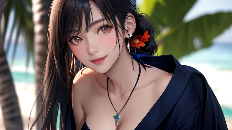1girl, solo, breasts, looking_at_viewer, short_hair, bangs, blue_eyes, black_hair, photoshop_(medium), dress, cleavage, medium_breasts, bare_shoulders, hair_between_eyes, jewelry, closed_mouth, upper_body, sleeveless, artist_name, white_dress, lips, clothing_cutout, eyelashes, makeup, sleeveless_dress, chinese_clothes, cleavage_cutout, lipstick, portrait, red_lips