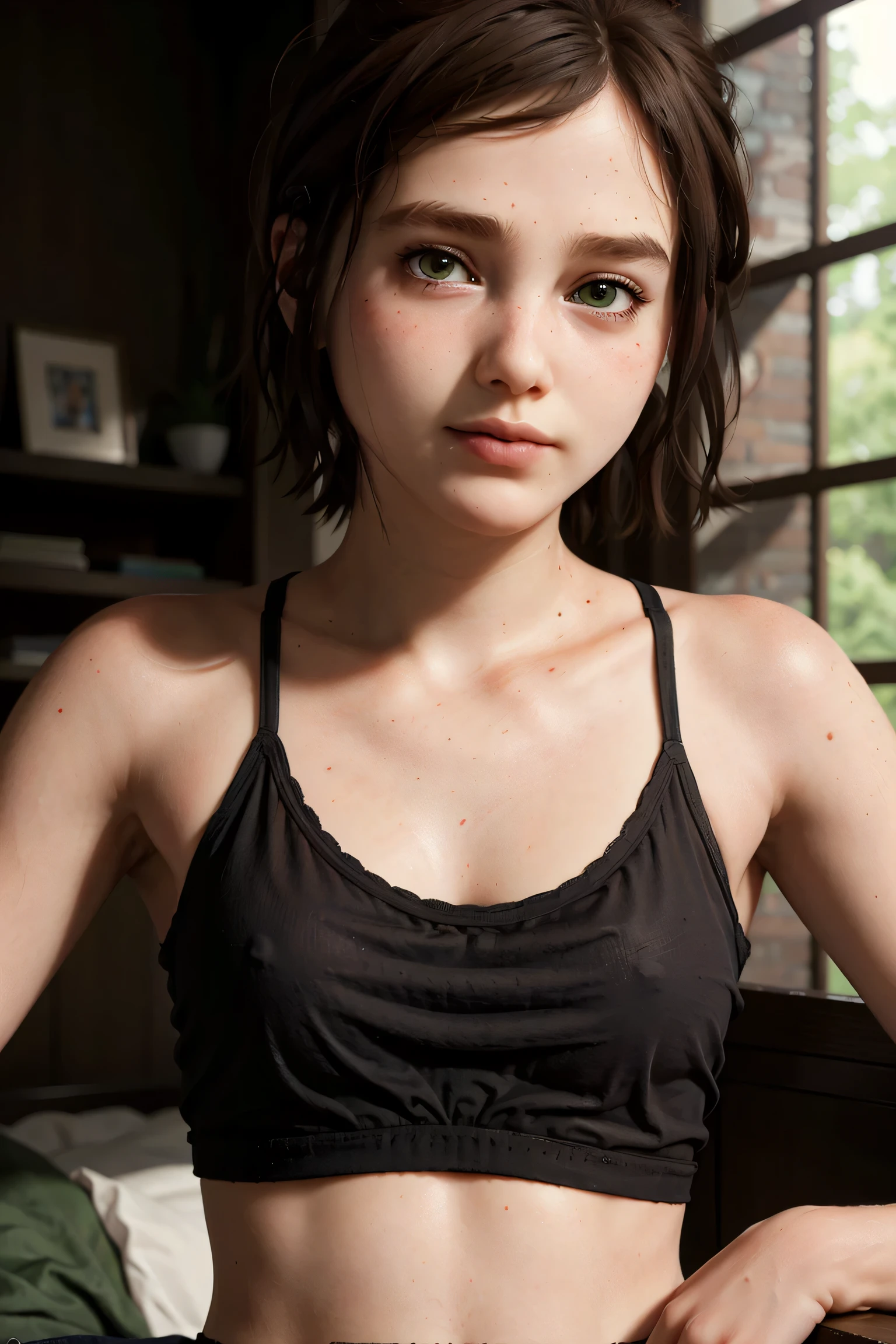 Elli in a Women's Seamless Cropped Camisole Top A stunning and intricate full color Ultra-HD portrait, a young girl, short brown hair, green eyes, detailed face,on bed