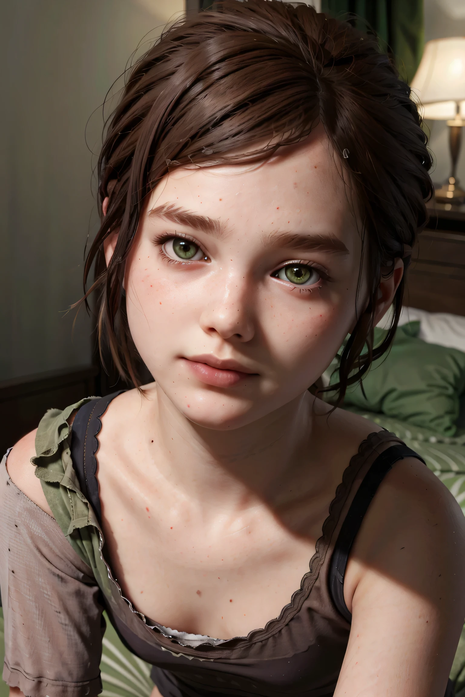Elli in a Women's Seamless Cropped Camisole Top A stunning and intricate full color Ultra-HD portrait, a young girl, short brown hair, green eyes, detailed face,on bed