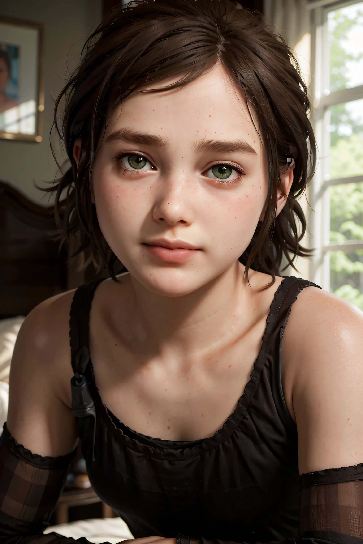 Elli in a Women's Seamless Cropped Camisole Top A stunning and intricate full color Ultra-HD portrait, a young girl, short brown hair, green eyes, detailed face,on bed