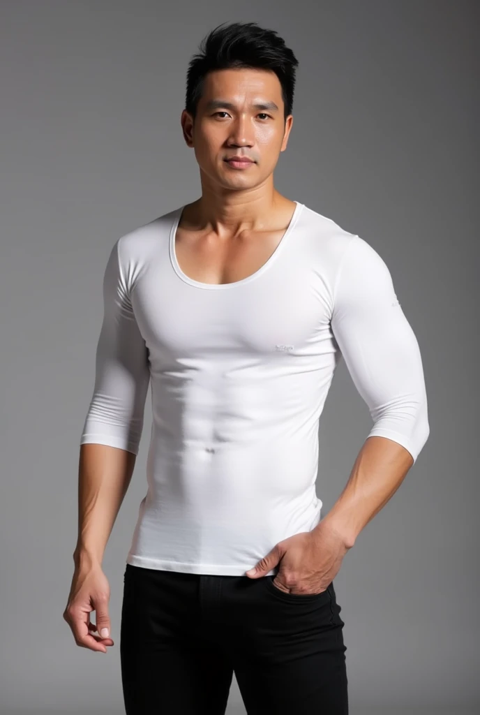 Asian men as wearing white underwear, white tank top, Korean male model, k pop idol, song kang Lookalike, , muscles, head to toe, full body portrait, realistic, romantic, photograph, portrait, elegance handsome, athletic full frame,appeals,playful, modern gym background 