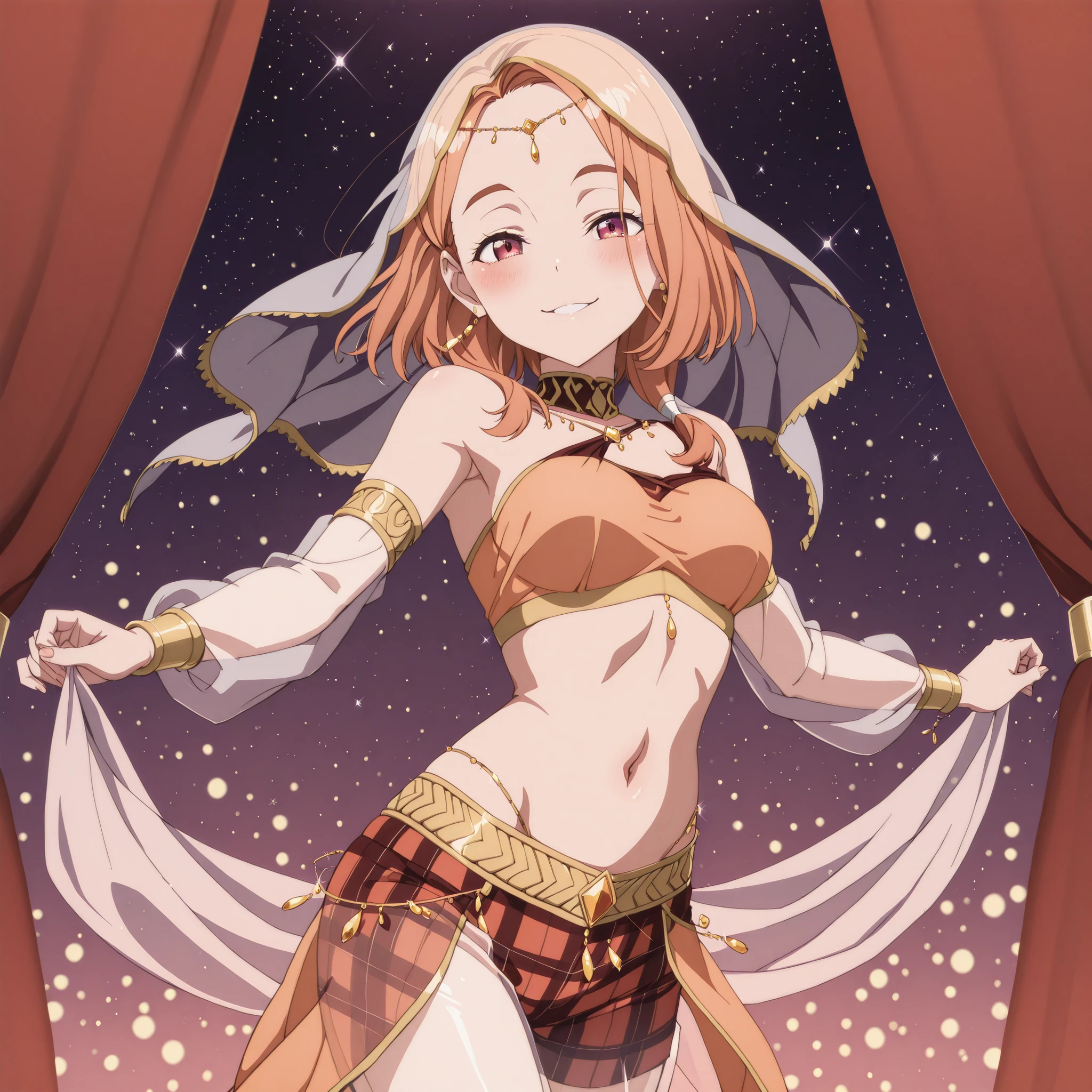 (1girl:1 . 5) , (Seul:1 . 5) , score_9 , score_8_haut , score_7_haut , source_anime , Official work  , ultra-detailed , masterpiece , best quality plaid shorts , high res , beaux yeux , detailed eyes , Detailed Face , beautiful detailed eyes ,The Shiunji Family Children,Banri Shiunji, Arabian Clothes , Arabian Dancer ,belly dancer costume ,veil , golden jewelery,harem outfit, harem skirt, harem pants, transparent pants, belly dancing, harem veil , arabian theater , seductive smile, dancing with veil, dynamic movement, seductive pose,sexy pose