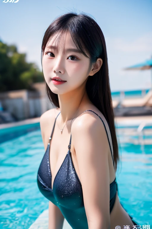 Wet navy and red swimsuit、25-year-old female gravure idol、Beautiful woman、Wet skin、Slender、Narrow waist、White skin、Sensual look、Sexy pose、Rooftop poolside at a luxury resort hotel