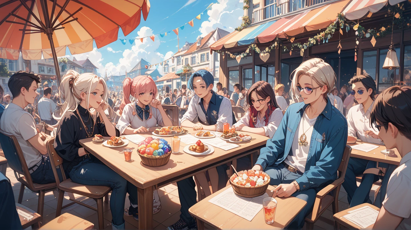 ((Best quality)), ((masterpiece)), (detailed), (((6 anime characters))), 4 girls, 2 guys, Friendly atmosphere, sitting at the same table, big table, 6 plates, cupcakes on the table, On the yard, tree from the side, looking at the camera, niji-jorney style