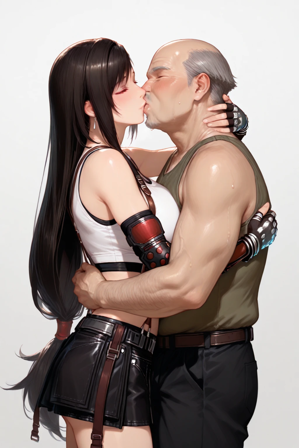 ((Biologically correct number of limbs))、4K、masterpiece、((focus on the face))、((symmetrical facial features))、Eyes with detailed description、Beautiful woman、Outstanding style、beautiful hands、nice legs、beautiful hands、(huge ass、thin hips)、Detailed image of faces、(shirt、skirt、((Tifa Lockhart))、high heels、stockings)、face close up、Background - morning park.、sex, public sex, threeesome, oral sex, deepthroat, forced sex, slave