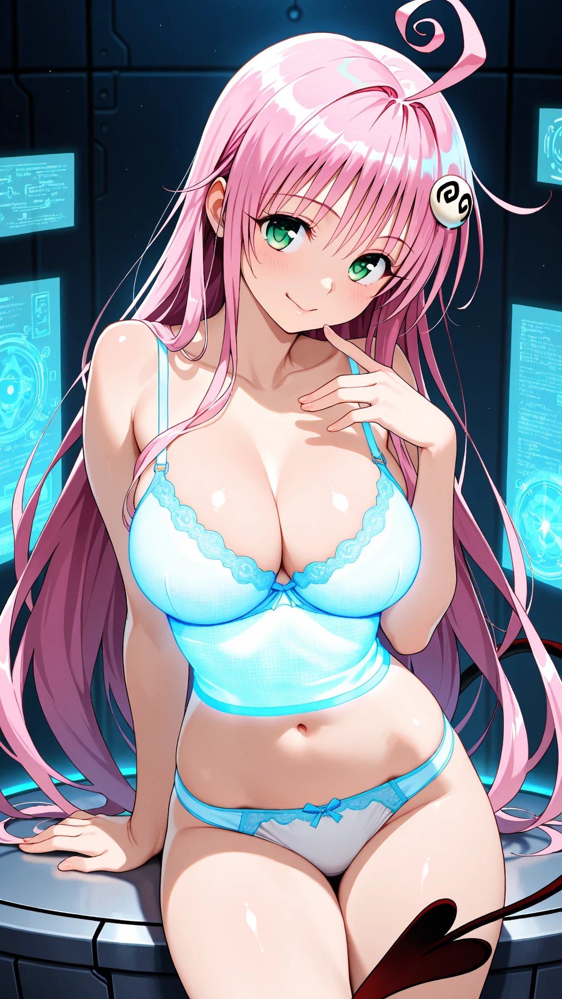 One Girl (perfection face, Pastel pink long hair, Malicious smile, Big Breasts, Sexy Lingerie, playing video game, Gamer Girl, Games Room, Dynamic pose, Highest quality, 4K、masterpiece, round_iris, very crisp crystalline shiny purple eye, perfection_anatomy, very_Fascinating_Hypnotic_mysterious_eye,
