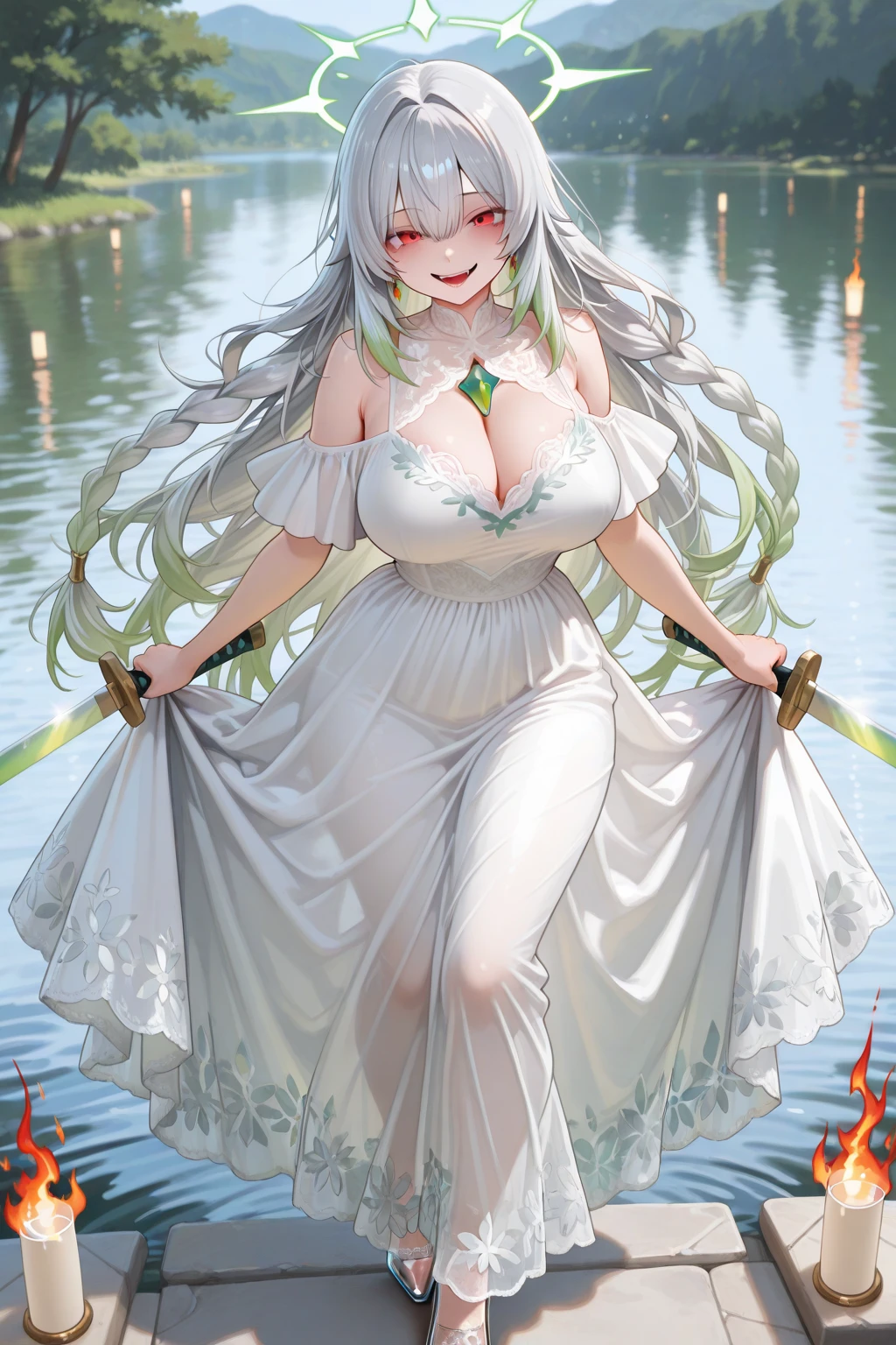 A beautiful white woman stands in an enchanted setting, surrounded by a magical forest with tall trees and luminous flowers. She is naked without even a single piece of clothing,Has big breasts. Her wavy hair falls softly over her shoulders.. With a look of hope and tenderness, she delicately holds a frog in her hands and kisses it gently