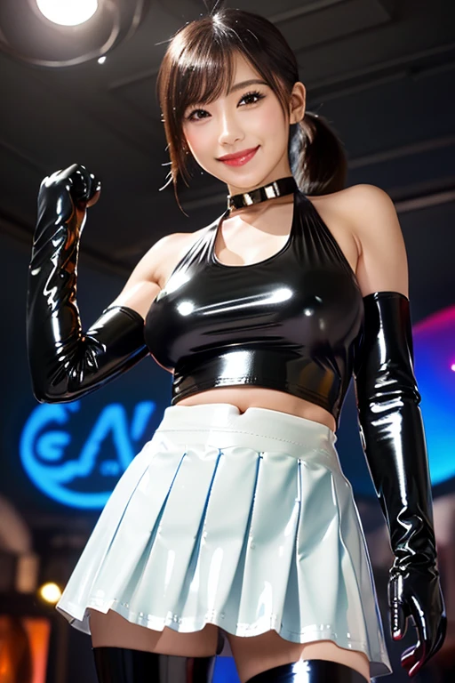 ((Beauty)),((Shiny Hair)),((Glowing Skin)),((Very white skin)),韓国Beauty、Heavy makeup、Jet Black Hair、Long Hair、Twin tails、((huge breasts:1.3))、((Race queen costume made of enamel material:1.3))、((Light blue and white clothes))、((Very short patent leather shorts))、((Very short shorts:1.7))、((Very short costume:1.5))、The navel is visible、((Very tight outfit:1.3))、Convention Hall、((motor Show))、Small waist、sexy、((Very revealing clothing:1.6))、Sports cars are displayed、Smiling with mouth closed、