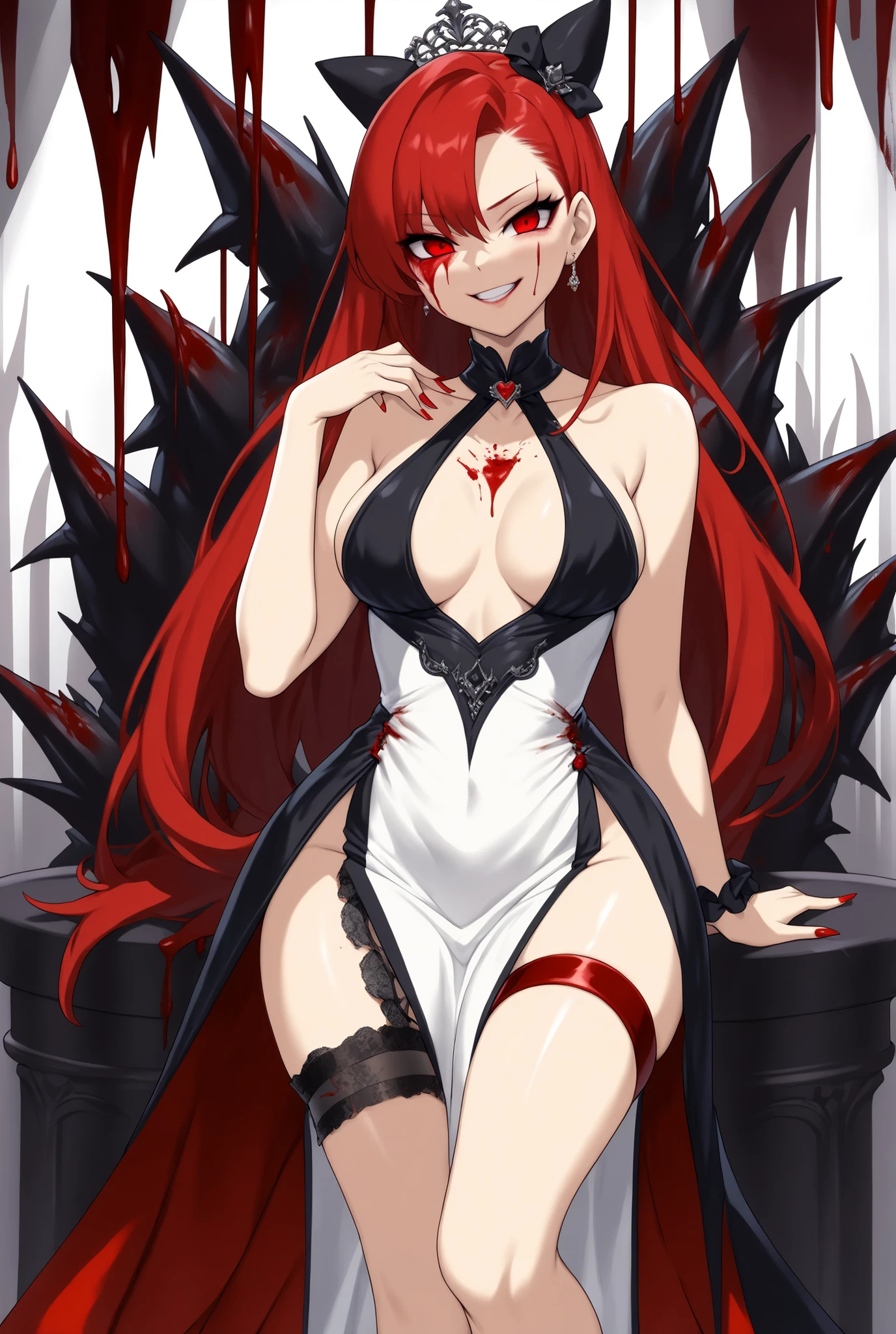(villainess contest winner), SDXL_ARW_LuminousAbyss-v1.10, (elegant cruelty:1.8), (sharp smile that melts hearts), (blood-red nails tracing your name), (dress slit revealing thigh garter), --v 1.10 --style corrupted