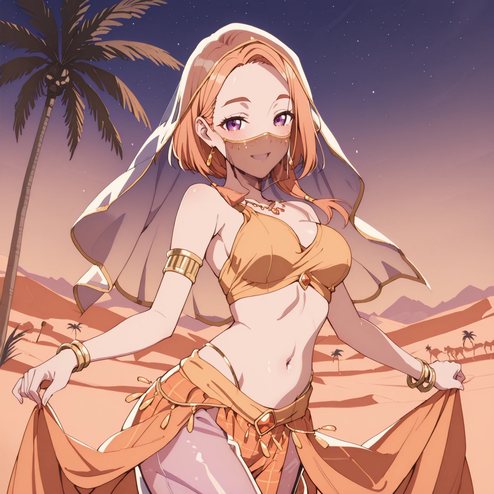 (1girl:1 . 5) , (Seul:1 . 5) , score_9 , score_8_haut , score_7_haut , source_anime , Official work , ultra-detailed , masterpiece , best quality plaid shorts , high res , beaux yeux , detailed eyes , Detailed Face , beautiful detailed eyes ,The Shiunji Family Children,Banri Shiunji, Arabian Clothes , Arabian Dancer ,belly dancer costume , mouth veil, veil , golden jewelery,harem outfit, harem skirt, harem pants, transparent pants, belly dancing, harem veil , night, desert landscape,palm tree, seductive smile, dancing with veil, dynamic movement, seductive pose,sexy pose