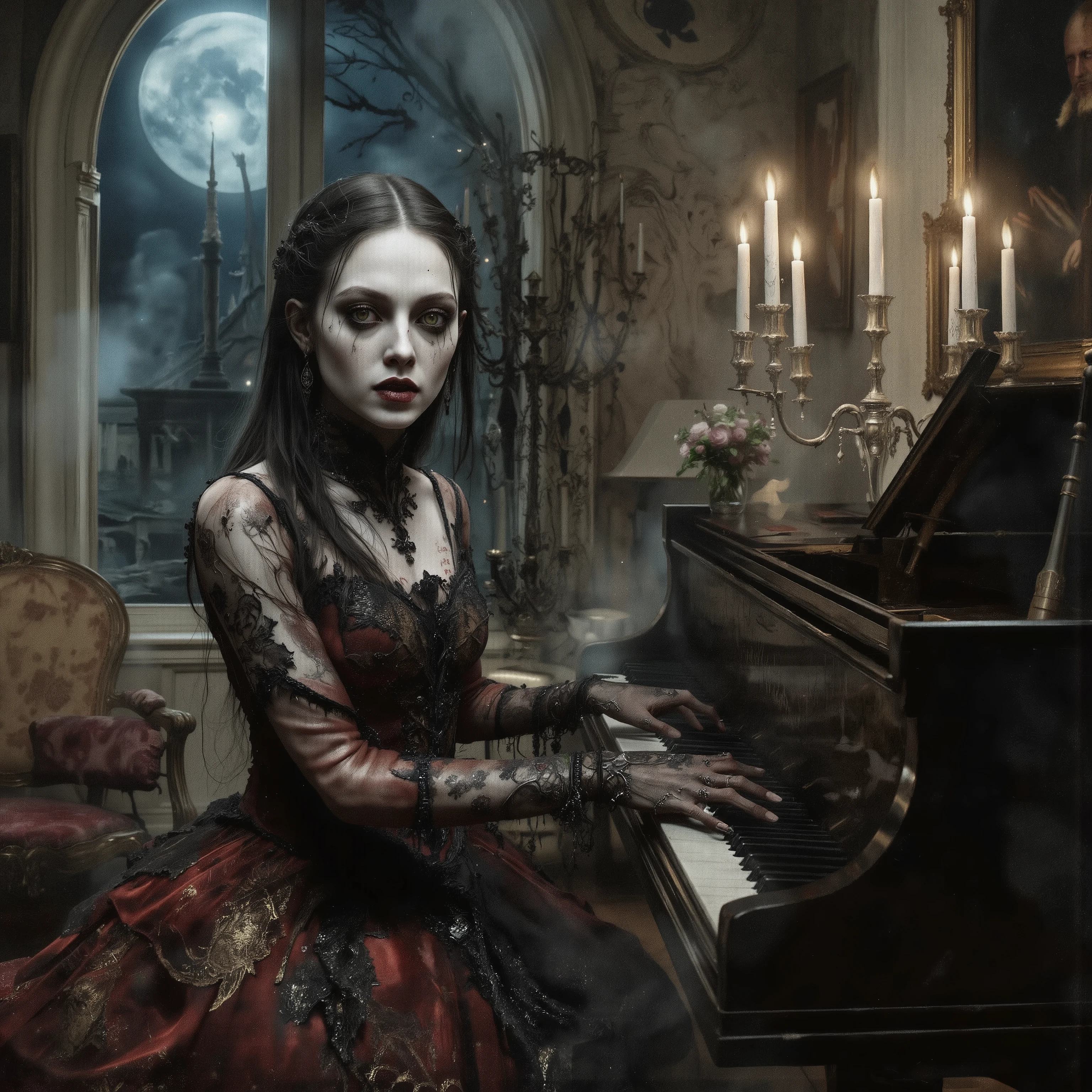 A transparent black ethereal specter, illuminated eyes, playing a Victorian style harpsichord, Gothic style background, disturbing face paintings, skull with black rose above harpsichord, masterpiece, cinematic lighting, dark moody atmosphere, dramatic chiaroscuro, photorealistic, hyper detailed, intricate, nuanced