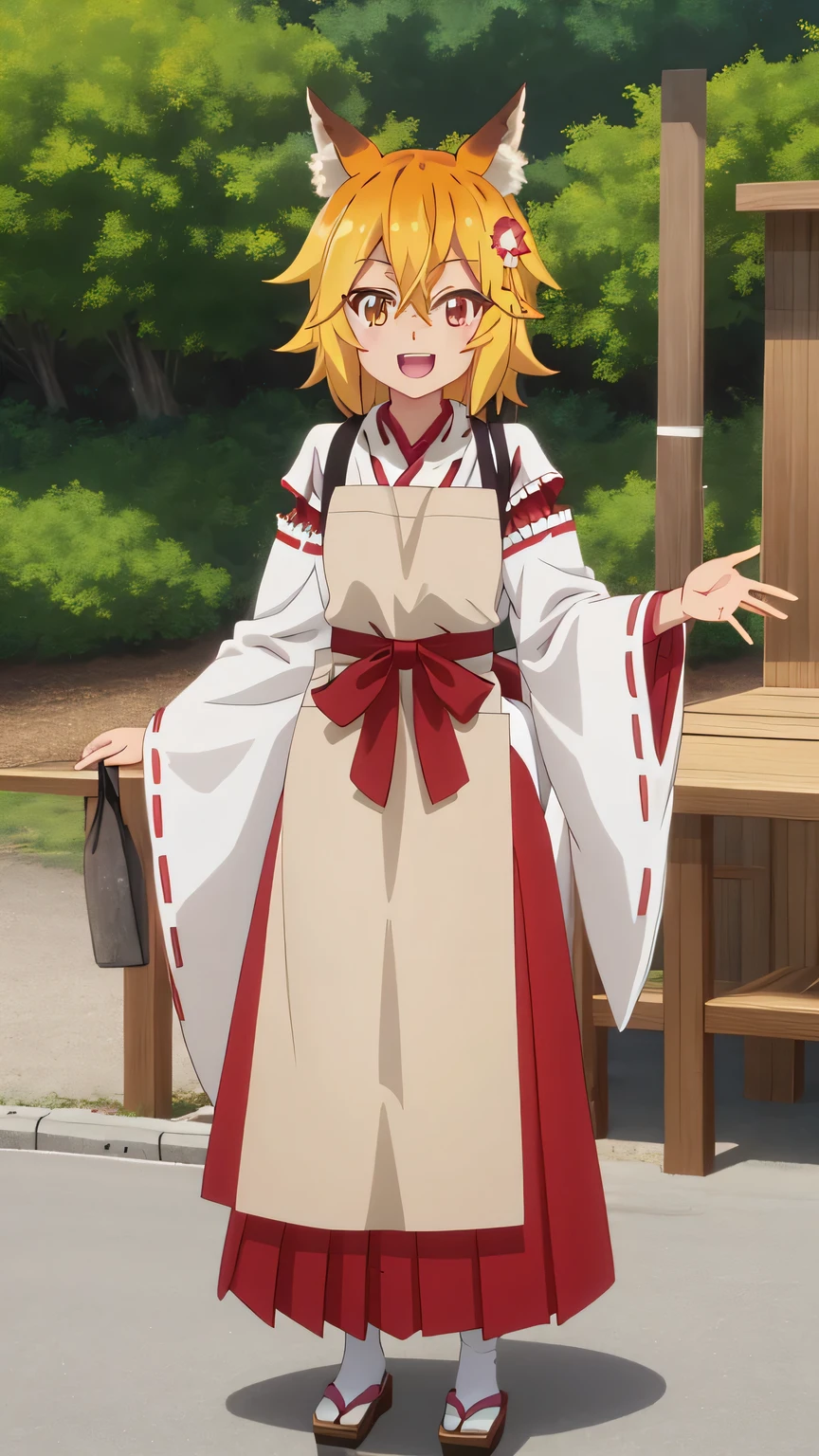 {{{masterpiece}}}, (best quality:1.5), (ultra-detailed:1.5), {illustration}, {{an extremely delicate and beautiful}}, (beautiful detailed eyes:1.6), absurdres, highres, extremely detailed face, 16k, hd, visual anime de uma jovem mulher, extremamente bonito rosto de anime, anime melhor garota, (perfect hands, perfect anatomy), (five fingers:1.1), anime face, Senko(Sewayaki Kitsune no Senko-san), KitsuneSenko, 1girl, solo, cute face, orange hair, medium hair, fox ears, crossed bangs, hair ornament, hair flower, (orange eyes:1.2), fox tail, medium breasts, big hips, curvaceous, BREAK, SenkoMiko, miko, japanese clothes, white kimono, long sleeves, white sleeves, (wide sleeves:1.2), ribbon-trimmed sleeves, (brown apron:1.5), red obi, (red hakama:1.3), hakama skirt, BREAK, smiling, looking at viewer, open mouth, flushed cheeks, flash effect, outdoor, mountain, daytime, forest, flower garden, field, sunshine, peer in from below