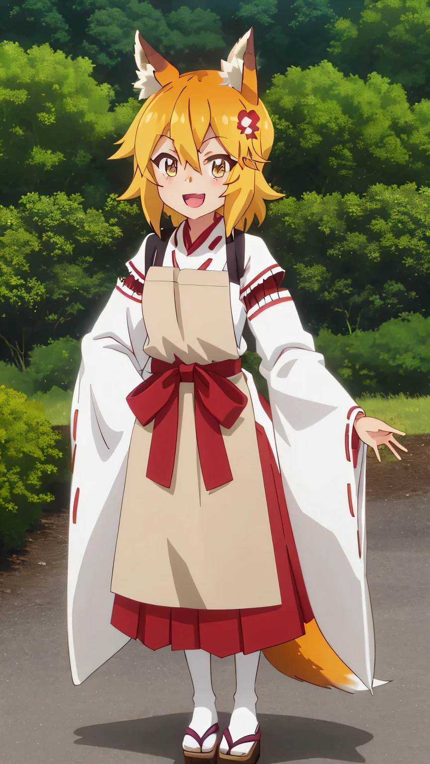 {{{masterpiece}}}, (best quality:1.5), (ultra-detailed:1.5), {illustration}, {{an extremely delicate and beautiful}}, (beautiful detailed eyes:1.6), absurdres, highres, extremely detailed face, 16k, hd, visual anime de uma jovem mulher, extremamente bonito rosto de anime, anime melhor garota, (perfect hands, perfect anatomy), (five fingers:1.1), anime face, Senko(Sewayaki Kitsune no Senko-san), KitsuneSenko, 1girl, solo, cute face, orange hair, medium hair, fox ears, crossed bangs, hair ornament, hair flower, (orange eyes:1.2), fox tail, medium breasts, big hips, curvaceous, BREAK, SenkoMiko, miko, japanese clothes, white kimono, long sleeves, white sleeves, (wide sleeves:1.2), ribbon-trimmed sleeves, (brown apron:1.2), long apron, red obi, (red hakama:1.3), hakama skirt, BREAK, smiling, looking at viewer, open mouth, flushed cheeks, flash effect, outdoor, mountain, daytime, forest, flower garden, field, sunshine, peer in from below