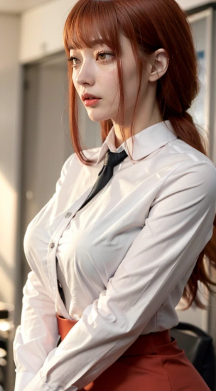 (best quality, master part, fullcolor, Dynamic angle, highest detailed) upper body photo, glad, (Makima, chainsawman), handsome fashion photography (red long hair) Kizi (Stunning mature woman), ((Massive medium breasts)), High Dress Up Detailed Office Makima Suit, white shirt black tie(high resolution textures), in doggy pose, bokeh, (details Intricate, hyperdetailed:1.15), circunstanciado, sunlight passing through hair, office background, (offcial art, extremely detaild, highest detailed),