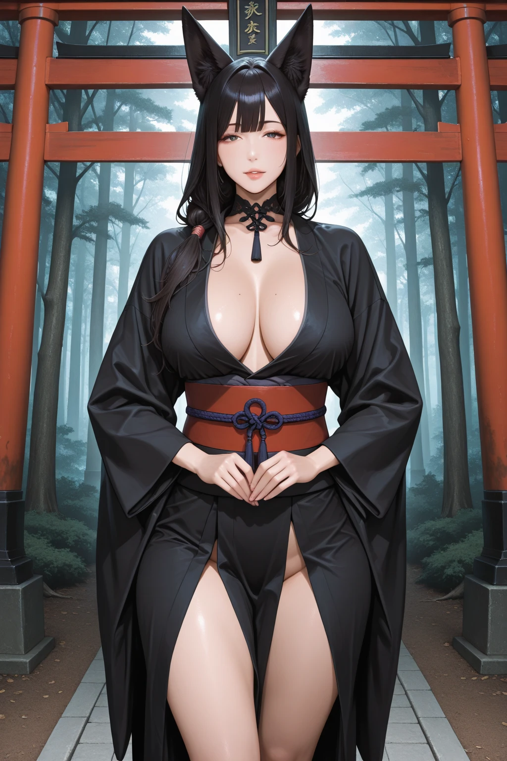 a close up of a woman in a black robe and panties, seductive anime girl, retsu unohana,((bleach)), beautiful alluring woman, unohana retsu, seductive retsu unohana portrait, wearing black robe, smooth anime cg art, realistic, black-white skintight robes,