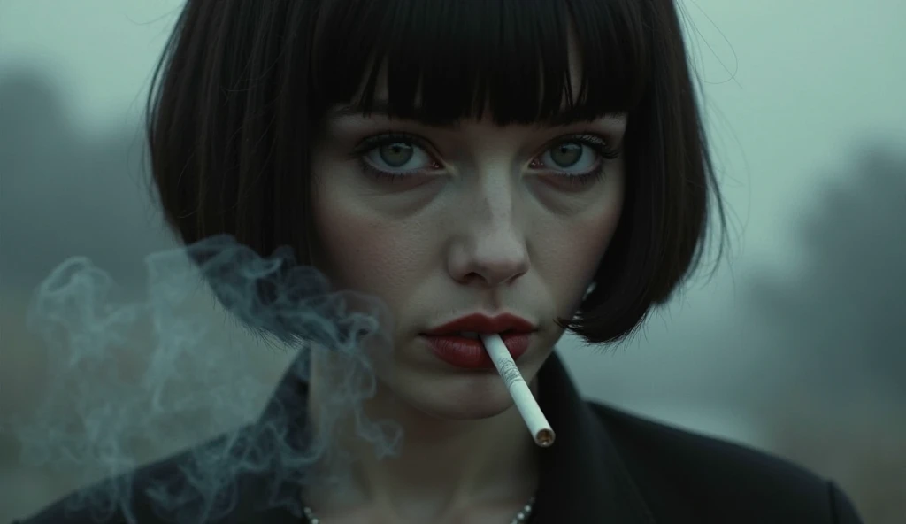 (snow white), serious western woman face, half closed eyes, cigarette in mouth, (smoke from cigarette), blue jacket, collar popped, up close, tired, crows feet around eyes, pale skin, red lips, jet-black hair, macro shot,close-up, portrait, depth of field, alleyway background, skintexture, (freckles:0.4),