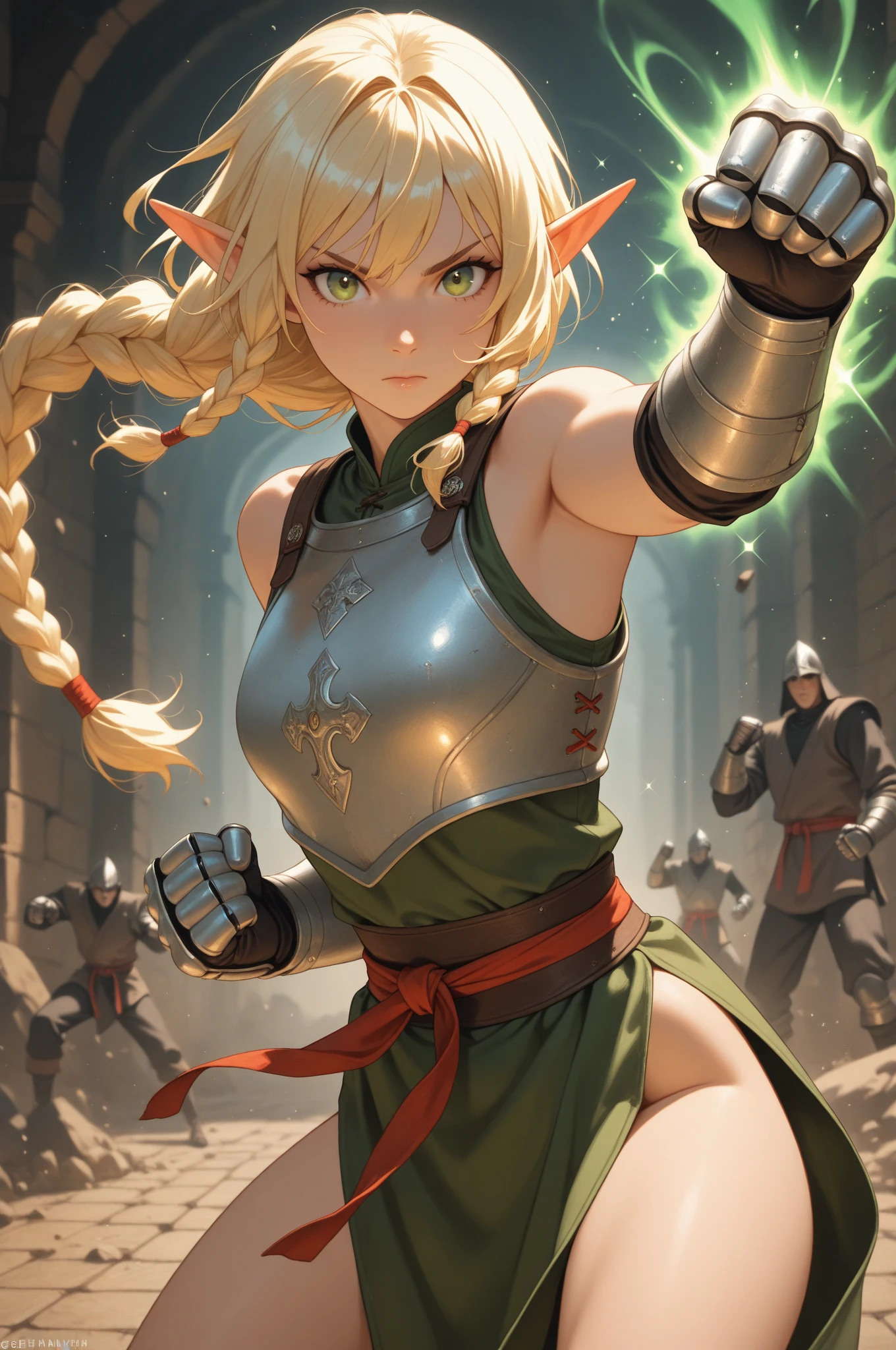 elf,ponytail,blonde hair,monk,leggings,white sweater,fantasy,medieval,gloves,punch,1girl,solo,scarf,big breast,lady,close eyes,smile