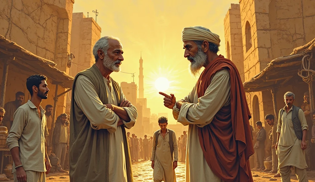 A Marwari man in traditional attire, making a deal with a foreign trader in a colonial-era setting