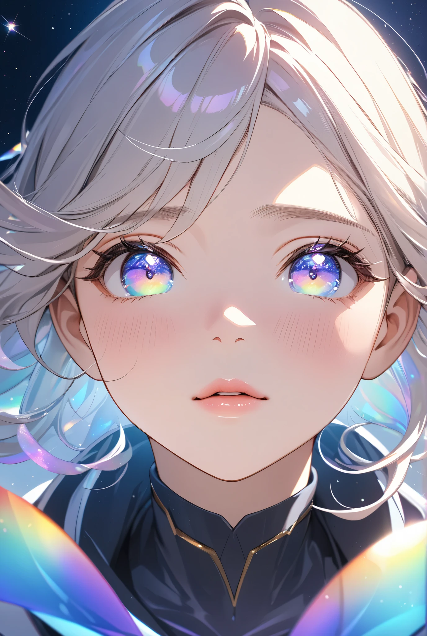 ultra highres,
perfect lighting,
divine close-up of Dolshy's face,
capturing every micro-expression,
iridescent eyelashes casting prismatic shadows,
lips slightly parted with visible breath fog,
eyes reflecting infinite depth,
subtle blush gradients on cheeks,
strands of hair floating in zero gravity,
celestial background blur