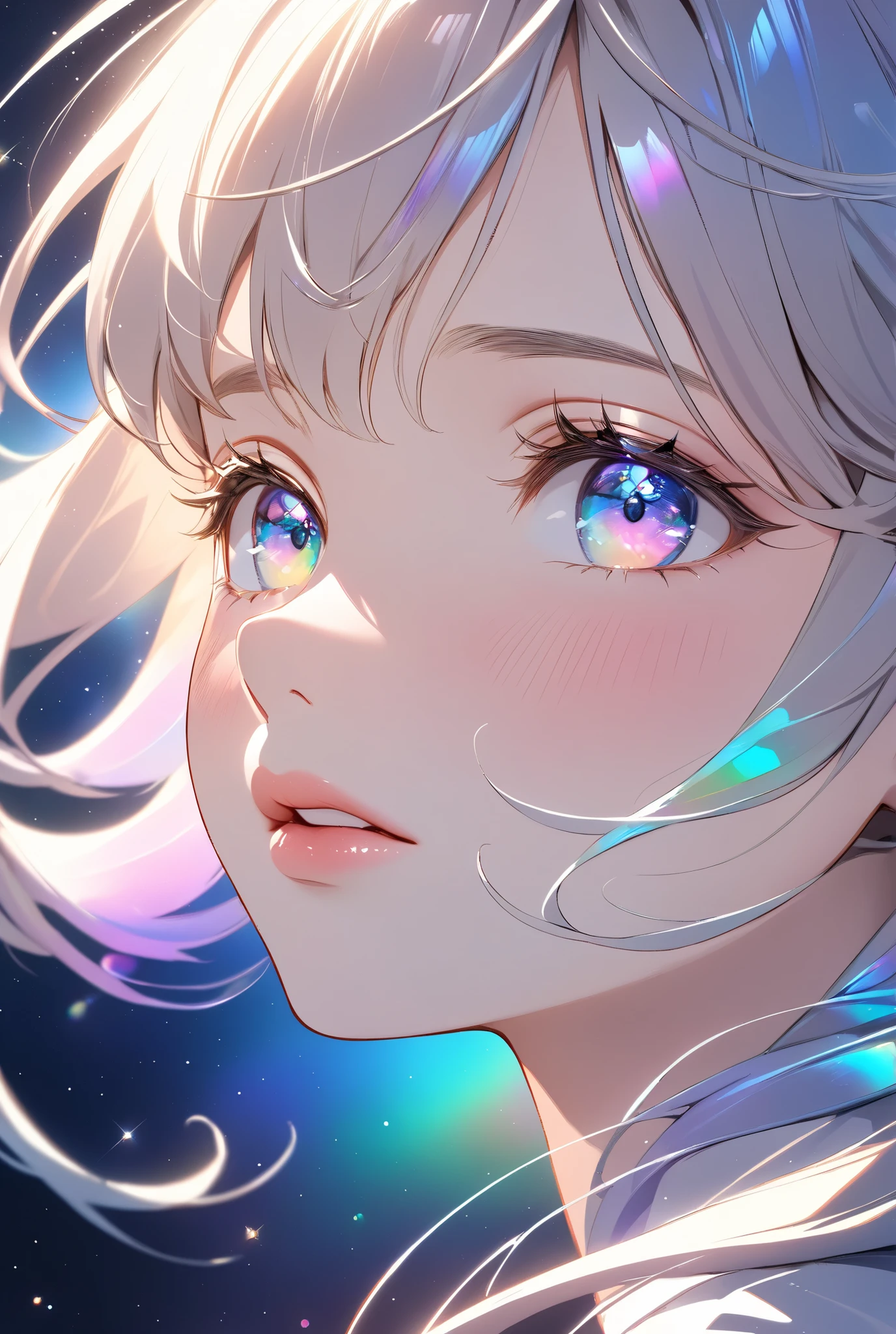ultra highres,
perfect lighting,
divine close-up of Dolshy's face,
capturing every micro-expression,
iridescent eyelashes casting prismatic shadows,
lips slightly parted with visible breath fog,
eyes reflecting infinite depth,
subtle blush gradients on cheeks,
strands of hair floating in zero gravity,
celestial background blur